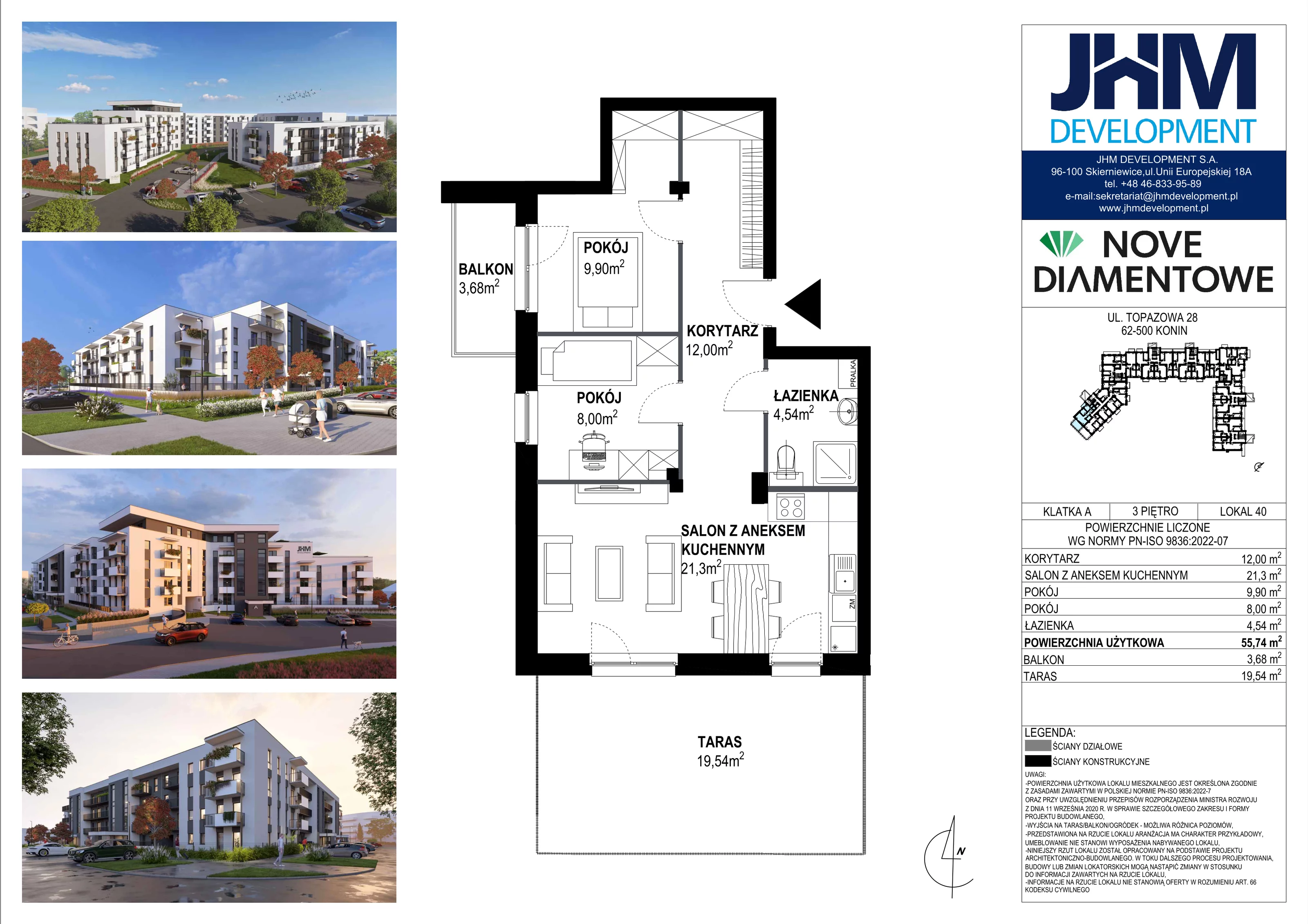 3 pokoje, mieszkanie 55,74 m², piętro 3, oferta nr 40, Nove Diamentowe, Konin, Starówka, ul. Topazowa 28