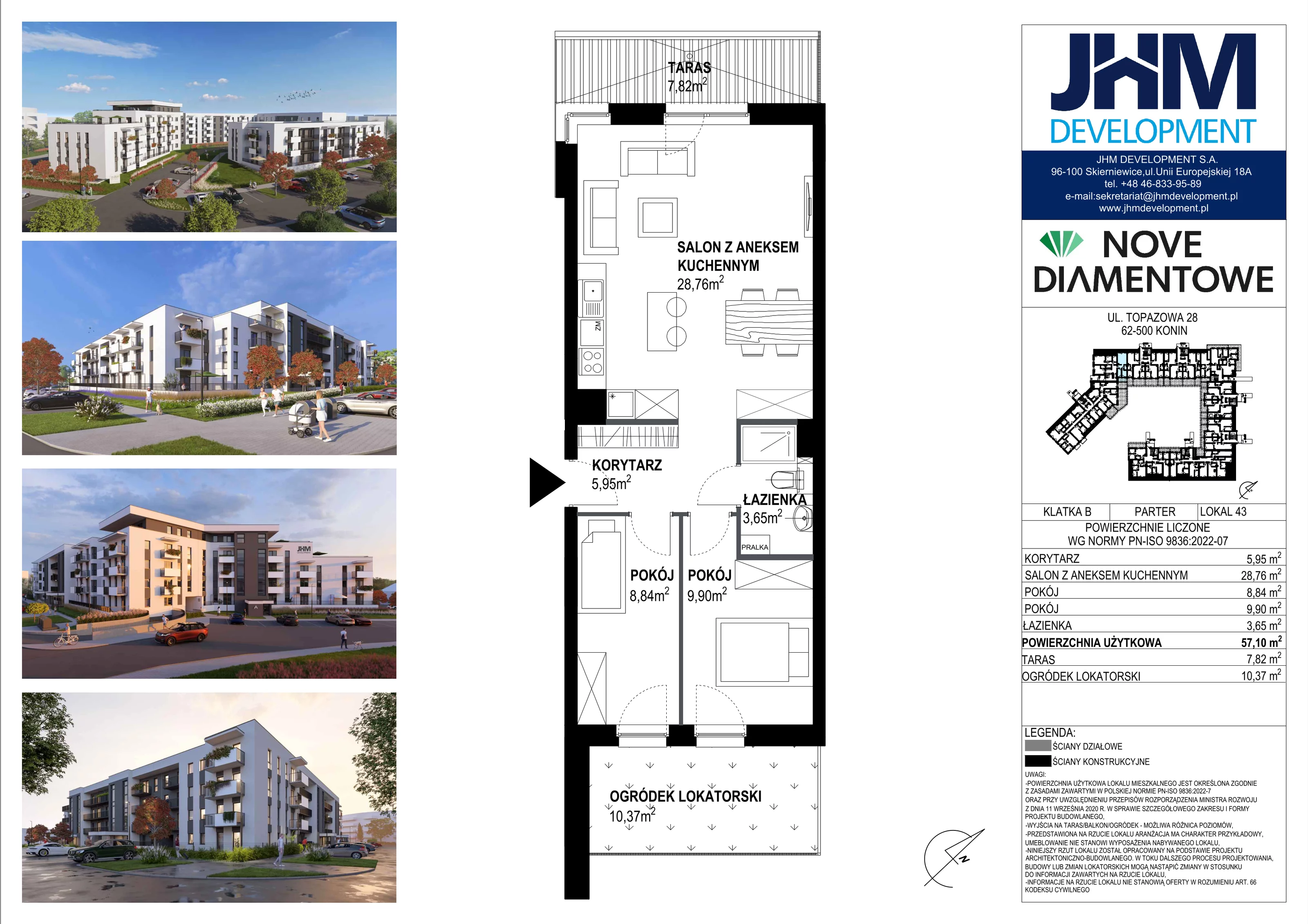 3 pokoje, mieszkanie 57,10 m², parter, oferta nr 43, Nove Diamentowe, Konin, Starówka, ul. Topazowa 28