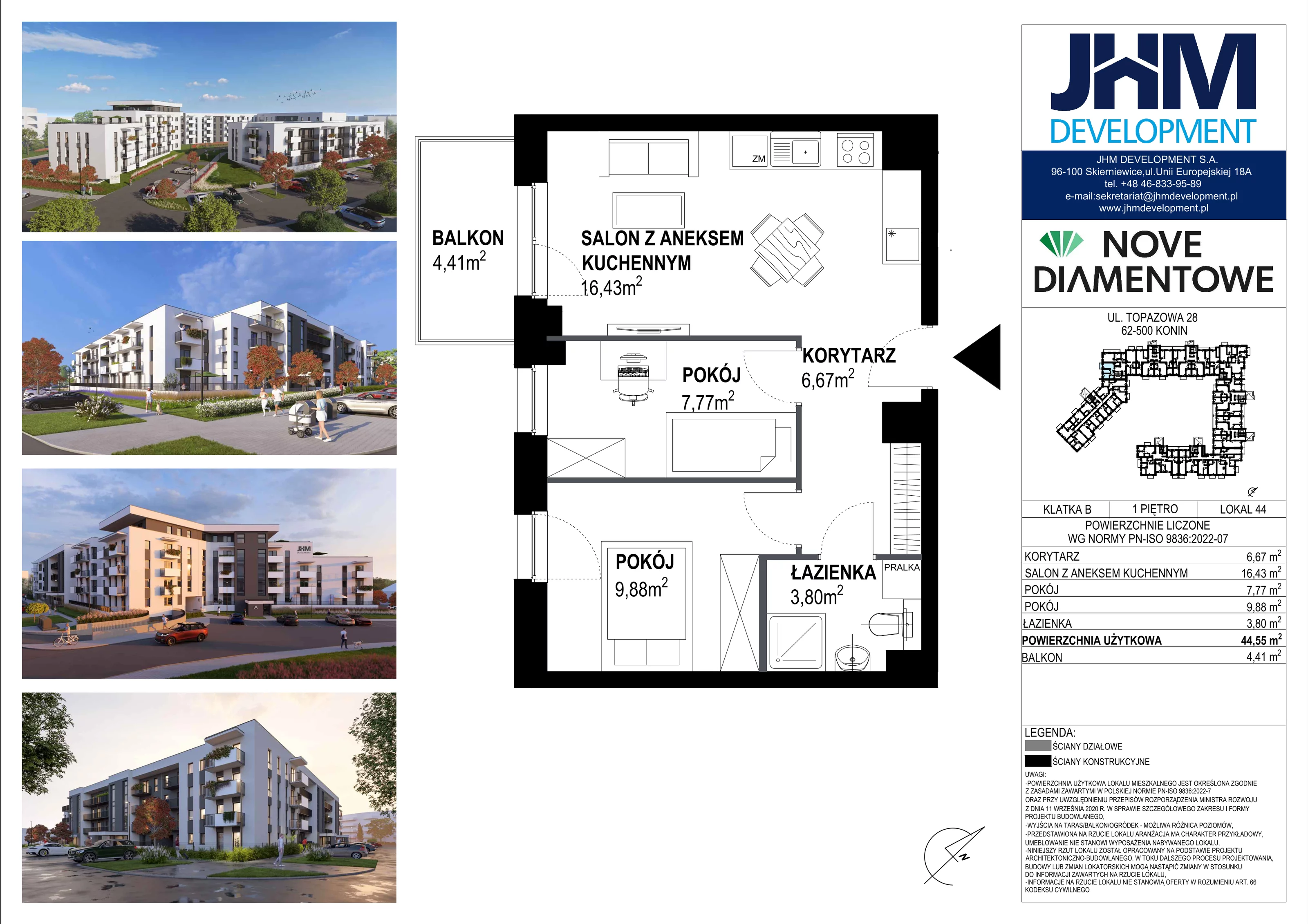 3 pokoje, mieszkanie 44,55 m², piętro 1, oferta nr 44, Nove Diamentowe, Konin, Starówka, ul. Topazowa 28