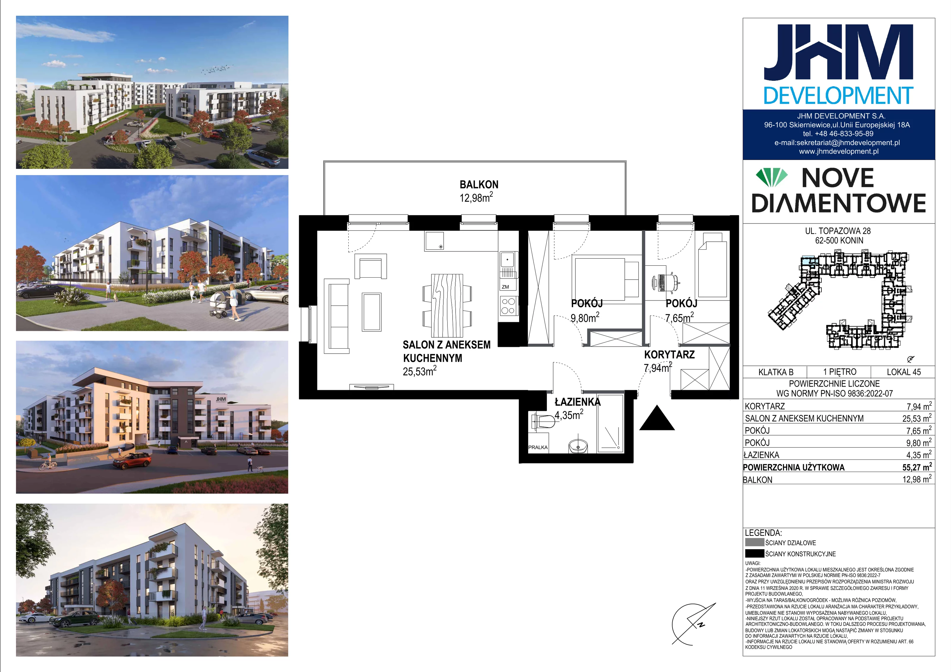 3 pokoje, mieszkanie 55,27 m², piętro 1, oferta nr 45, Nove Diamentowe, Konin, Starówka, ul. Topazowa 28