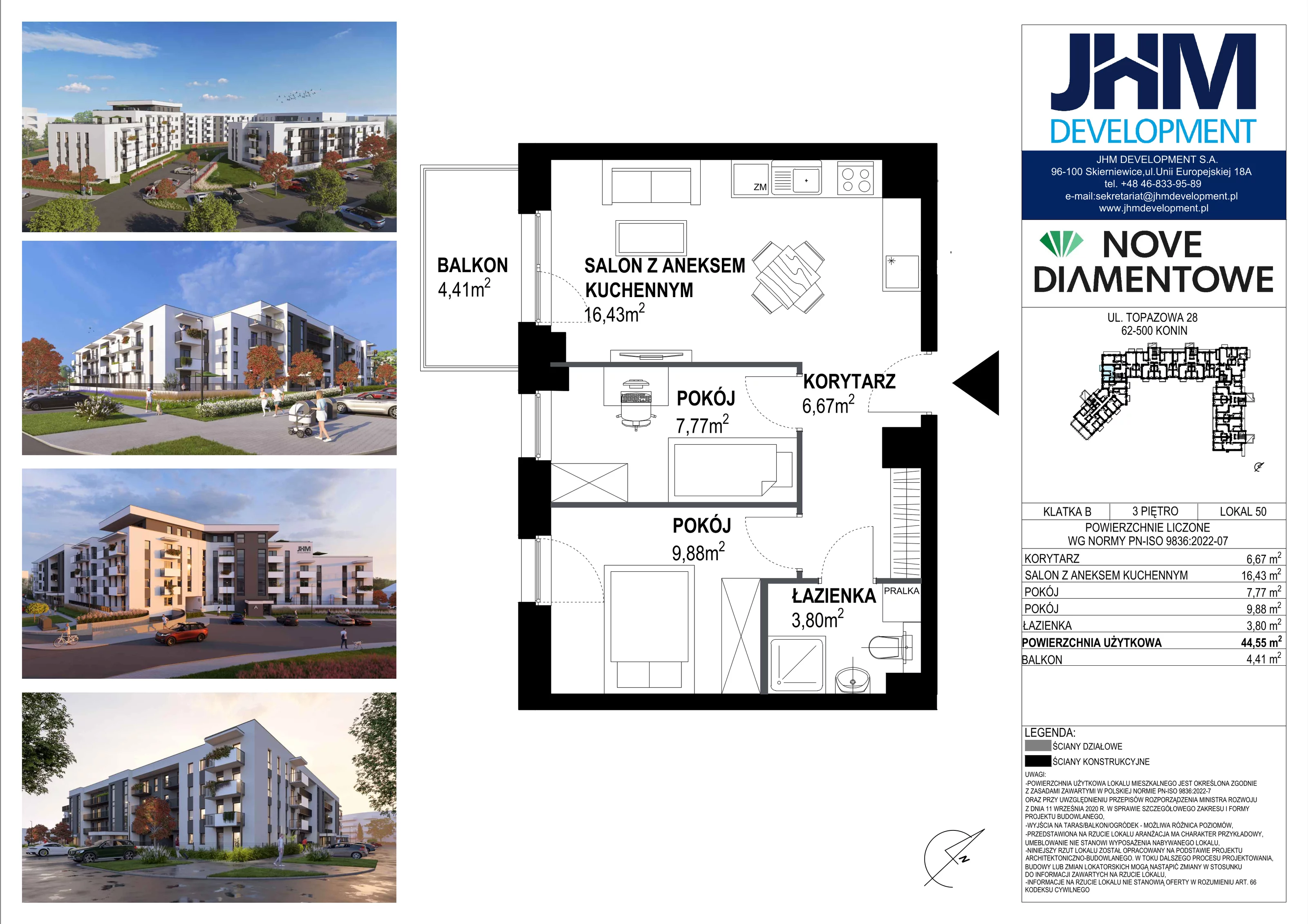 3 pokoje, mieszkanie 44,55 m², piętro 3, oferta nr 50, Nove Diamentowe, Konin, Starówka, ul. Topazowa 28