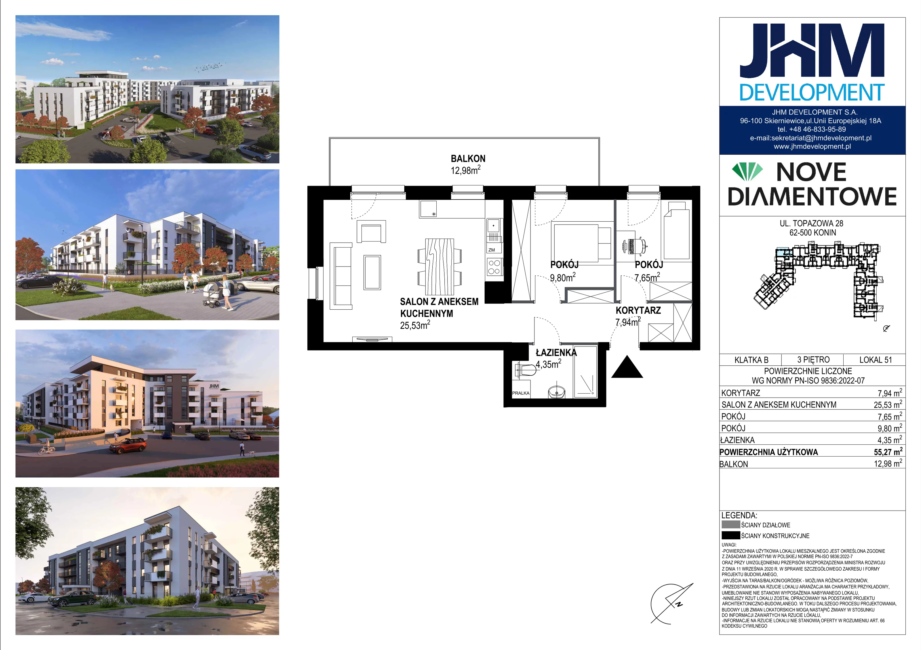 3 pokoje, mieszkanie 55,27 m², piętro 3, oferta nr 51, Nove Diamentowe, Konin, Starówka, ul. Topazowa 28