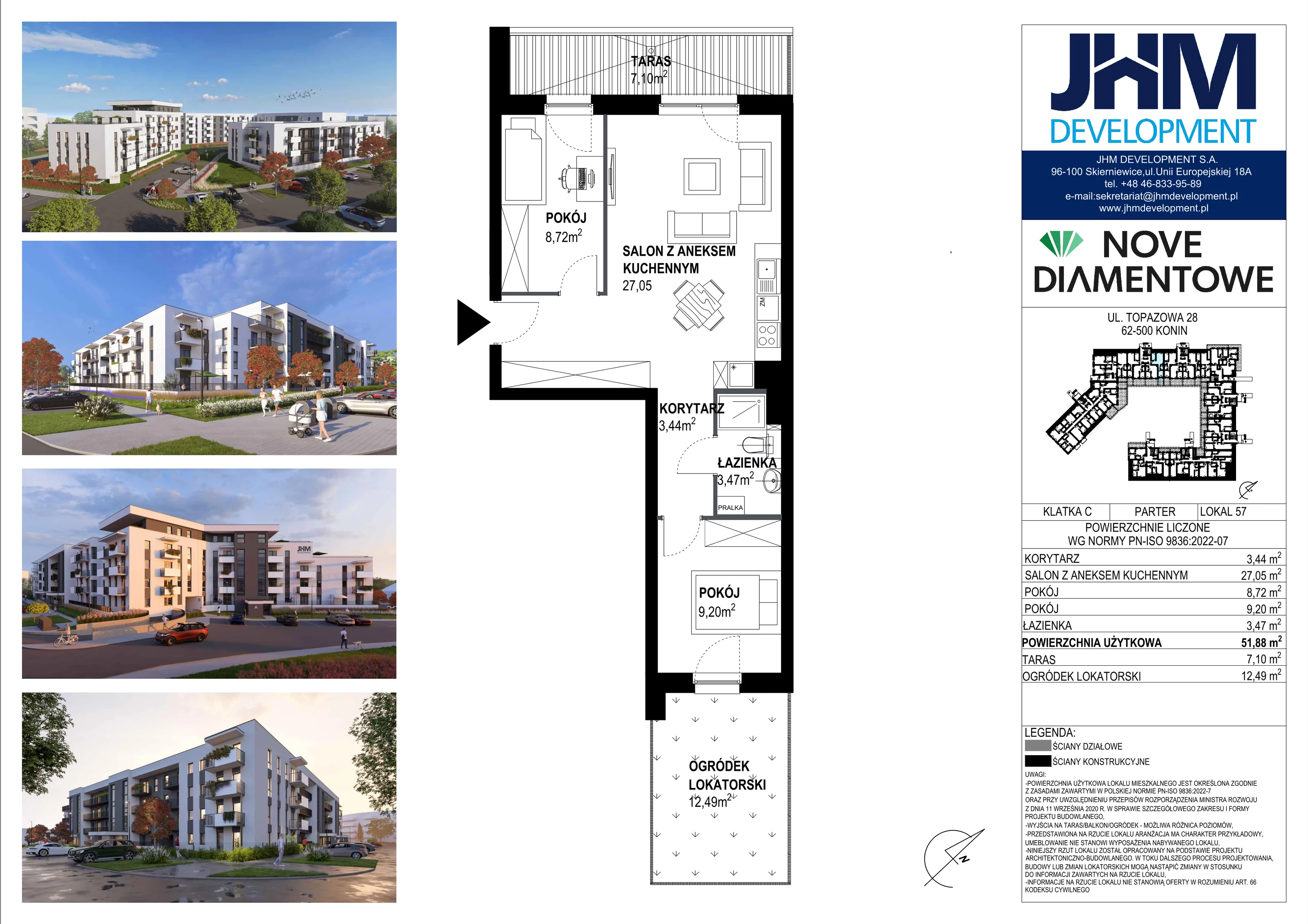 3 pokoje, mieszkanie 51,88 m², parter, oferta nr 57, Nove Diamentowe, Konin, Starówka, ul. Topazowa 28