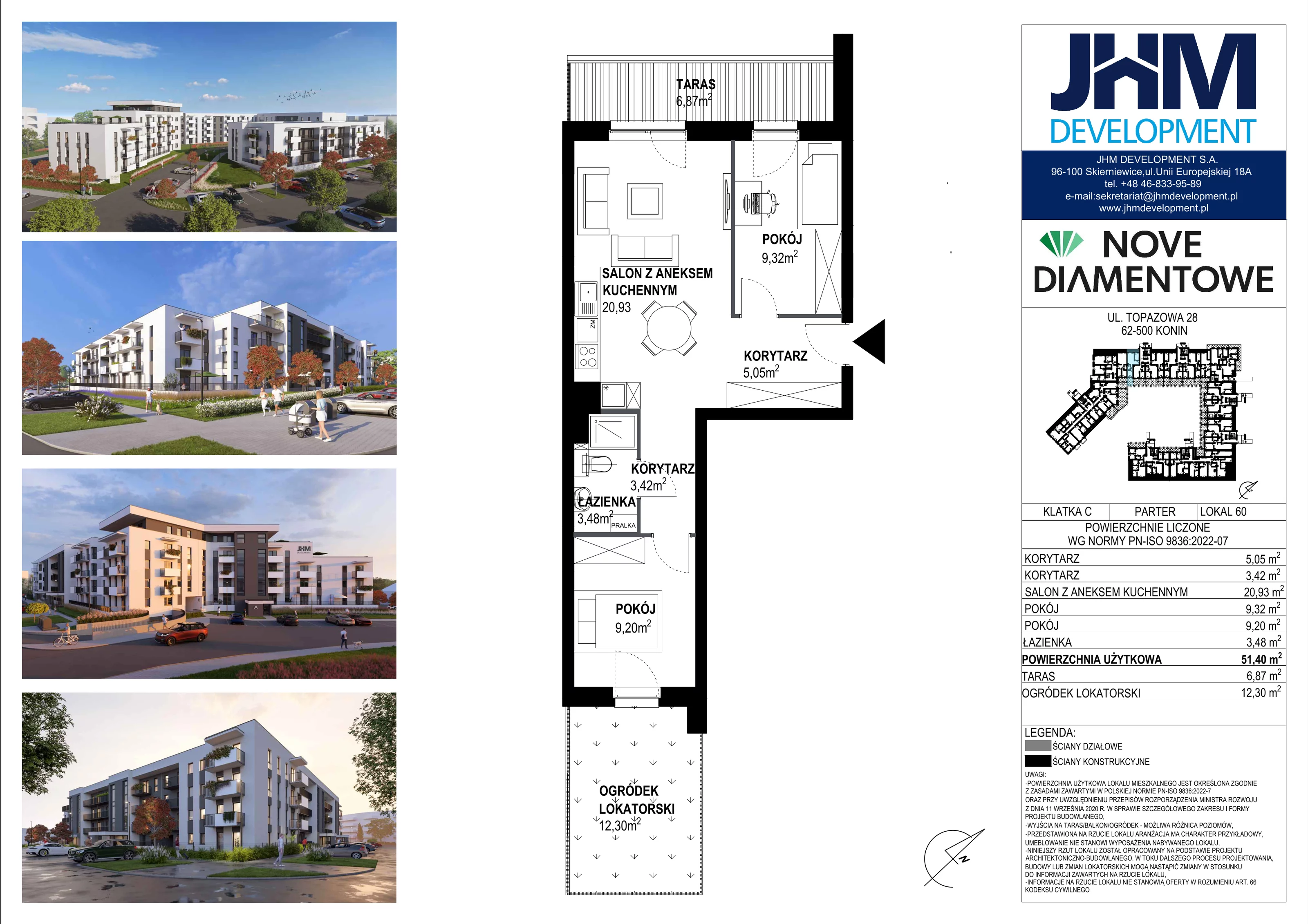 3 pokoje, mieszkanie 51,40 m², parter, oferta nr 60, Nove Diamentowe, Konin, Starówka, ul. Topazowa 28