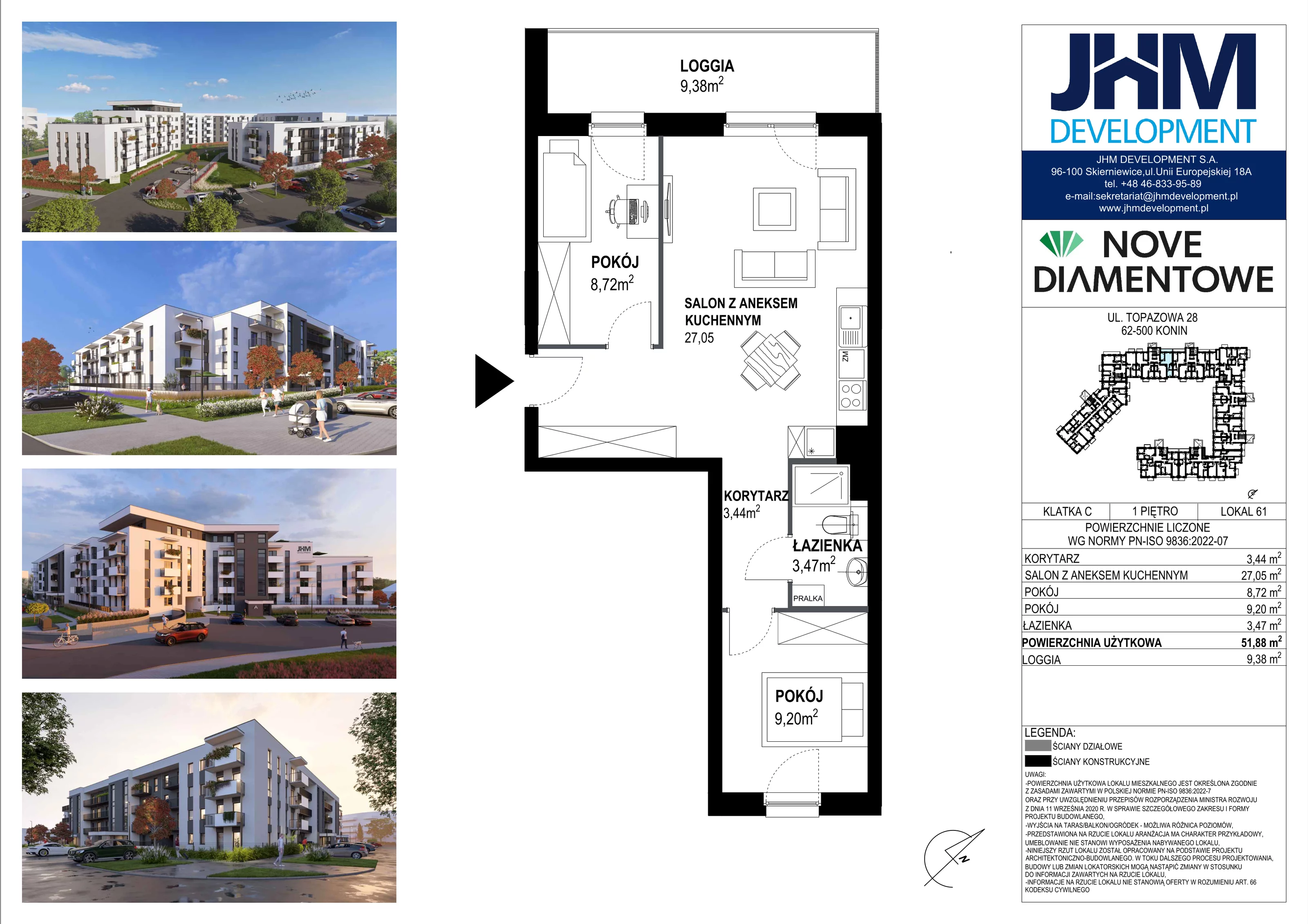 3 pokoje, mieszkanie 51,88 m², piętro 1, oferta nr 61, Nove Diamentowe, Konin, Starówka, ul. Topazowa 28