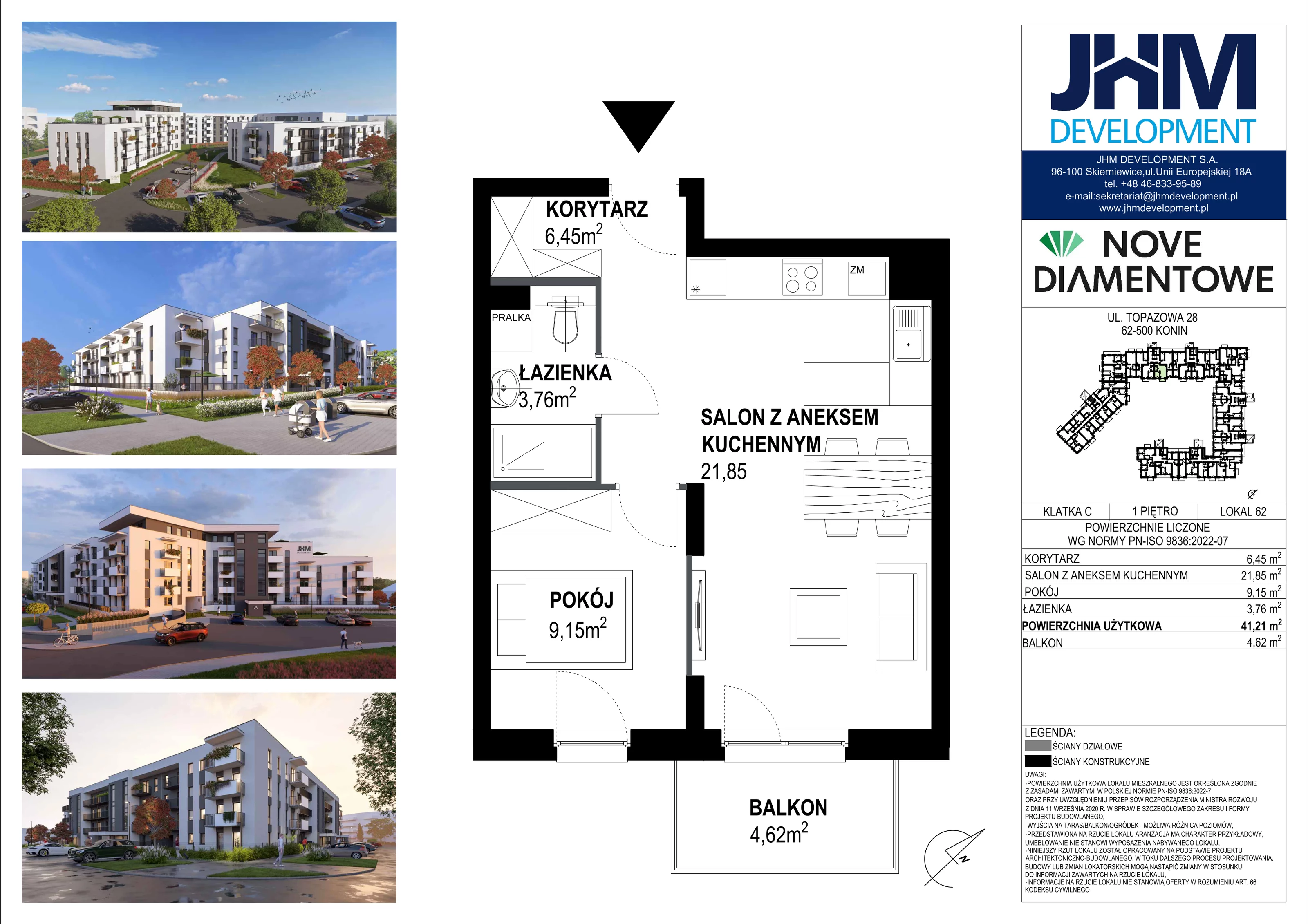 2 pokoje, mieszkanie 41,21 m², piętro 1, oferta nr 62, Nove Diamentowe, Konin, Starówka, ul. Topazowa 28