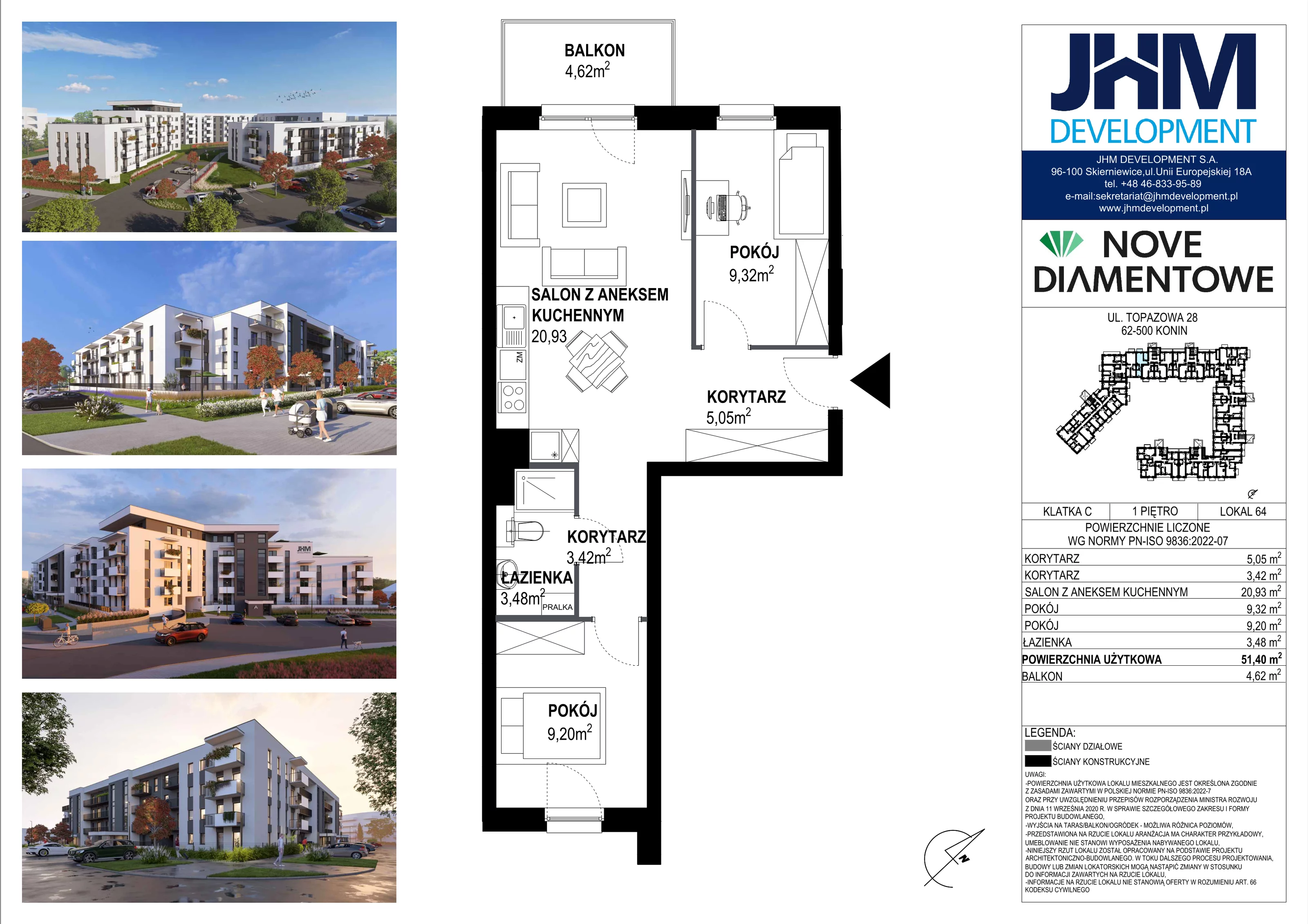 3 pokoje, mieszkanie 51,40 m², piętro 1, oferta nr 64, Nove Diamentowe, Konin, Starówka, ul. Topazowa 28