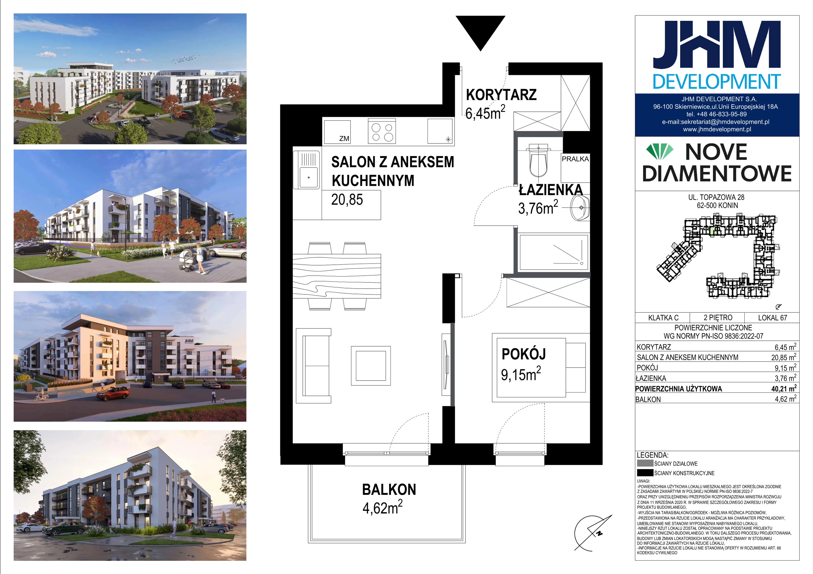 2 pokoje, mieszkanie 40,21 m², piętro 2, oferta nr 67, Nove Diamentowe, Konin, Starówka, ul. Topazowa 28