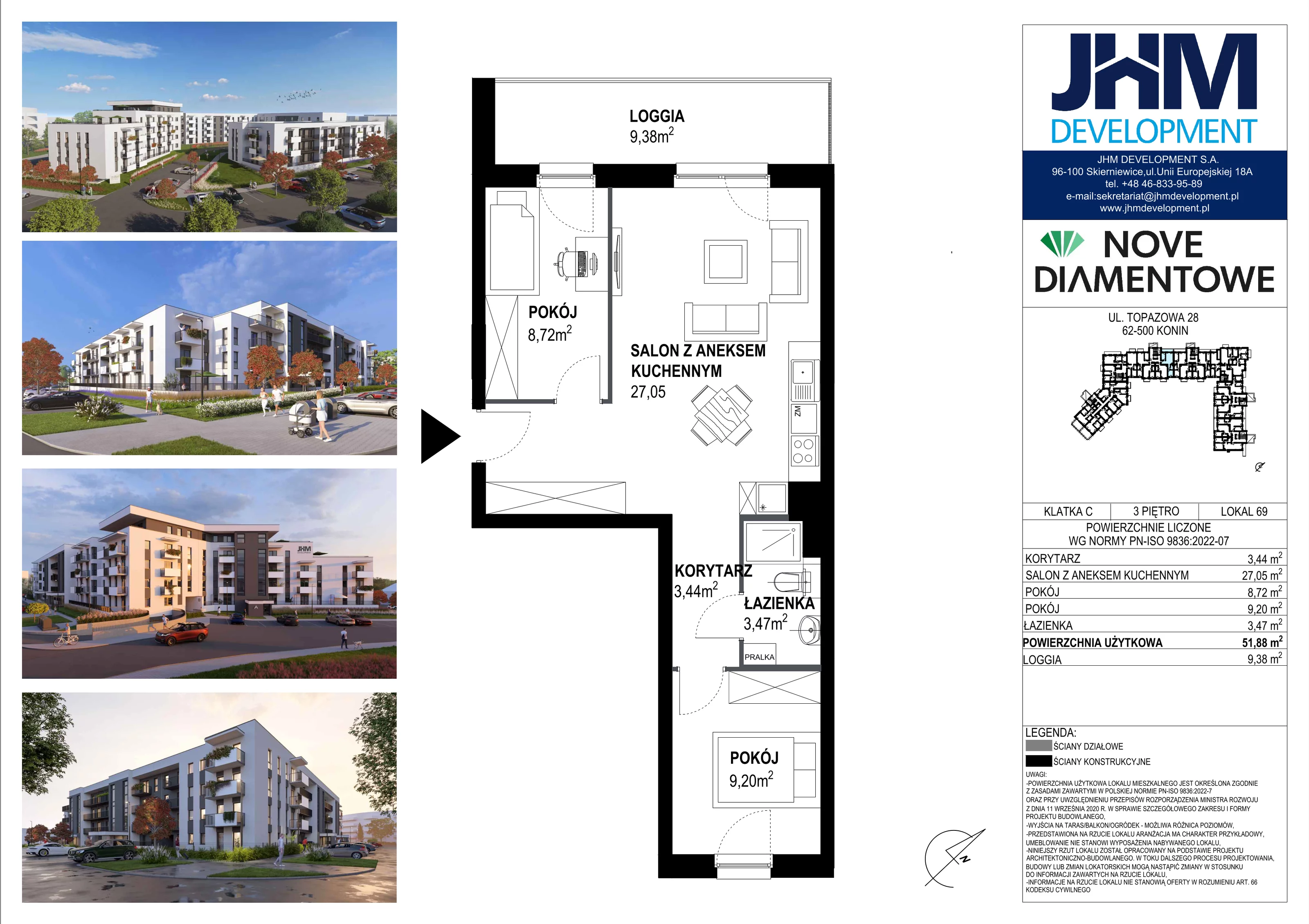 3 pokoje, mieszkanie 51,88 m², piętro 3, oferta nr 69, Nove Diamentowe, Konin, Starówka, ul. Topazowa 28