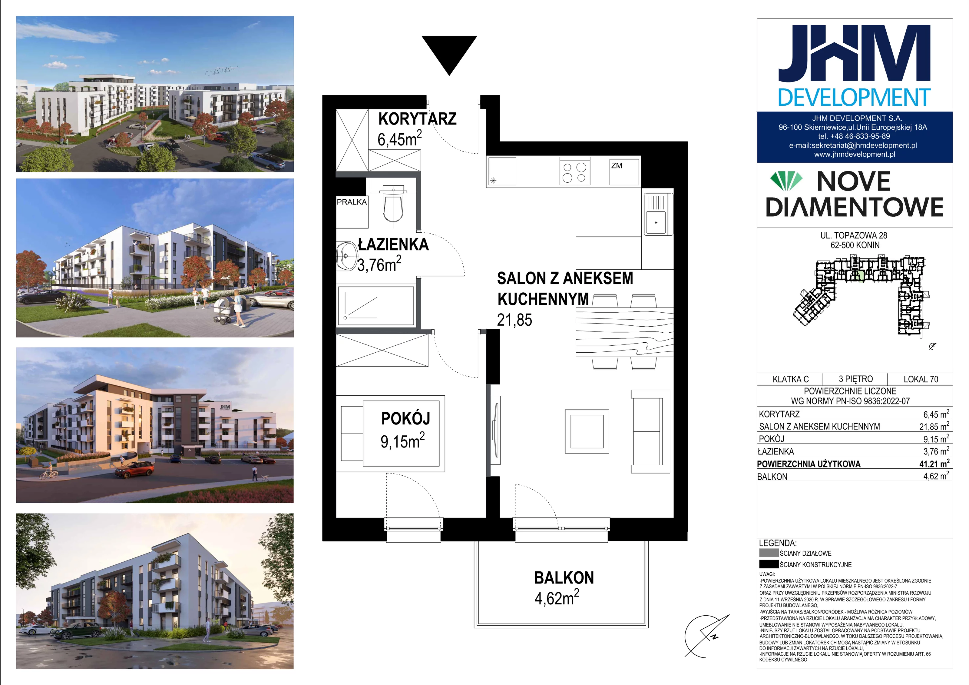 2 pokoje, mieszkanie 41,21 m², piętro 3, oferta nr 70, Nove Diamentowe, Konin, Starówka, ul. Topazowa 28