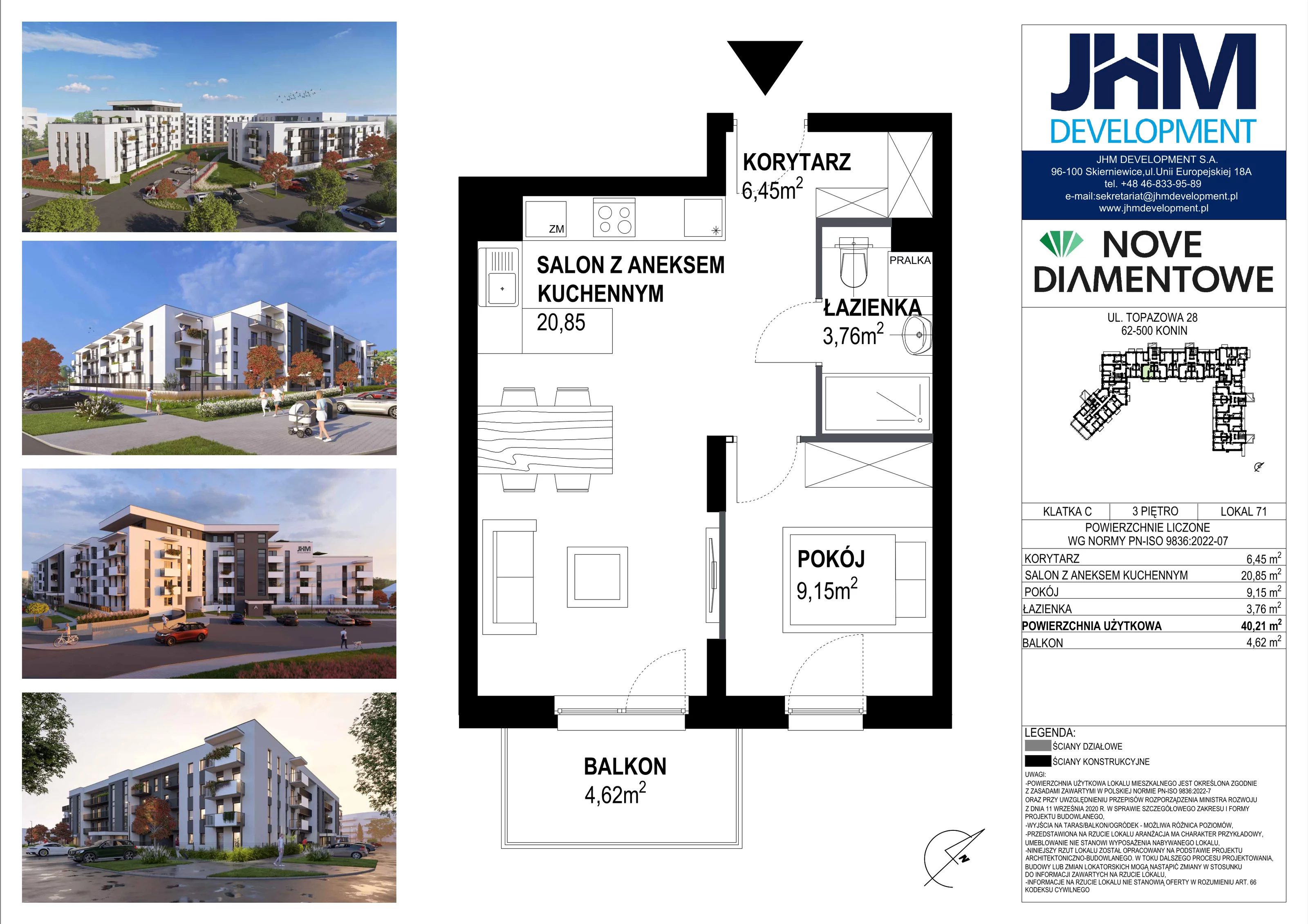 2 pokoje, mieszkanie 40,21 m², piętro 3, oferta nr 71, Nove Diamentowe, Konin, Starówka, ul. Topazowa 28