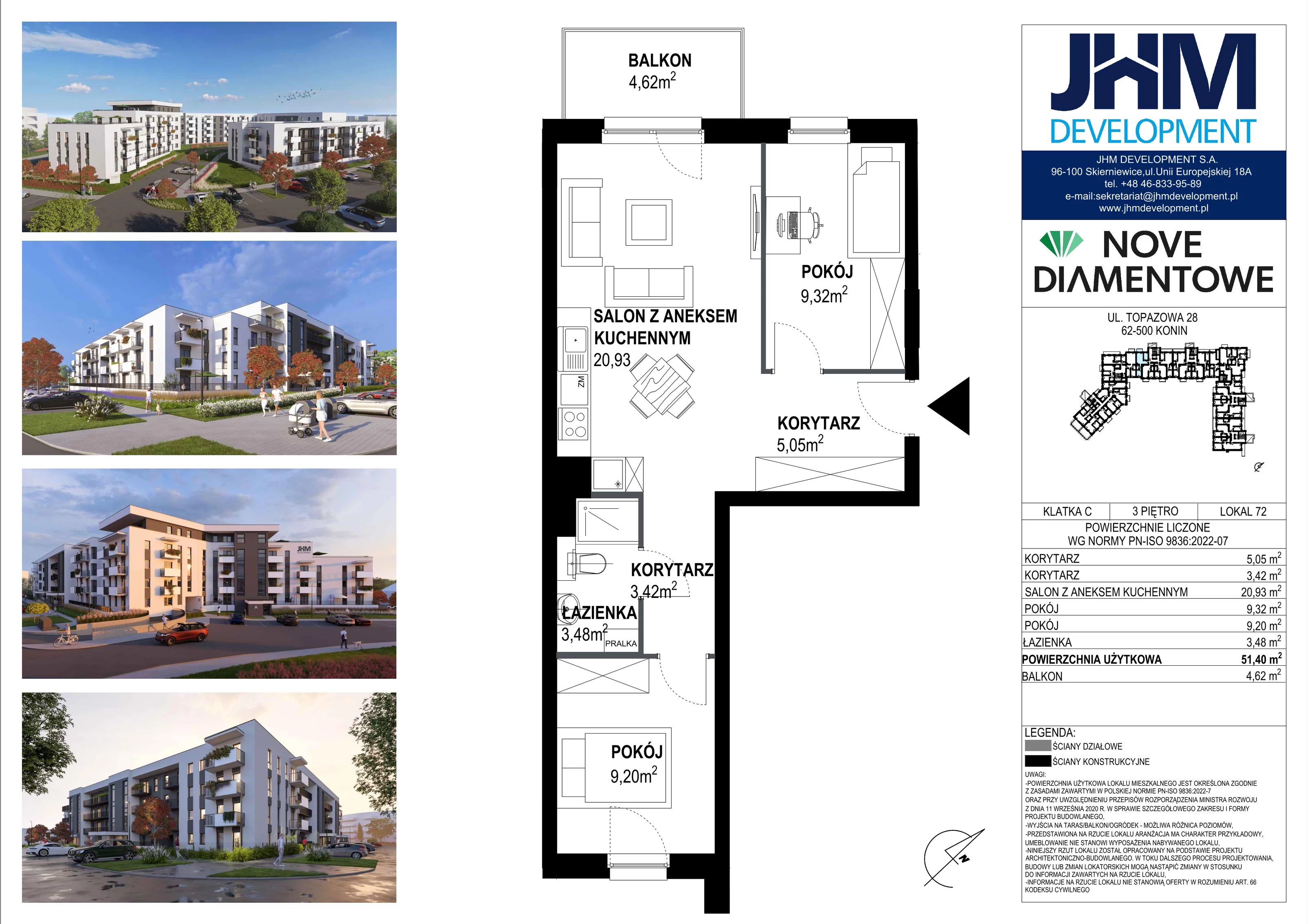 2 pokoje, mieszkanie 51,40 m², piętro 3, oferta nr 72, Nove Diamentowe, Konin, Starówka, ul. Topazowa 28