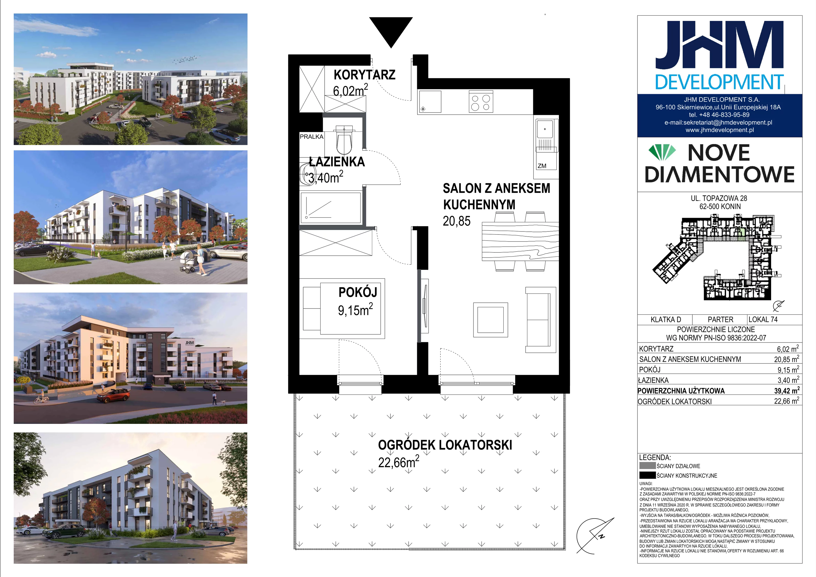 2 pokoje, mieszkanie 39,42 m², parter, oferta nr 74, Nove Diamentowe, Konin, Starówka, ul. Topazowa 28