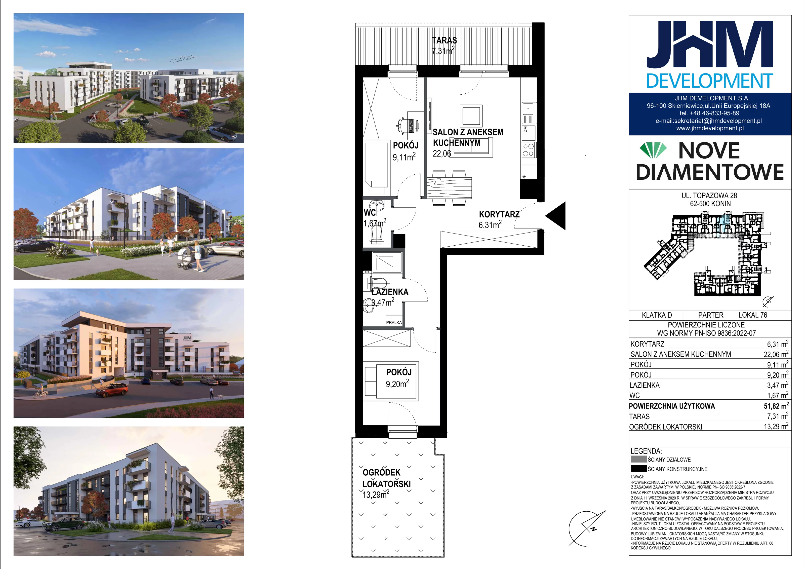 3 pokoje, mieszkanie 51,82 m², parter, oferta nr 76, Nove Diamentowe, Konin, Starówka, ul. Topazowa 28