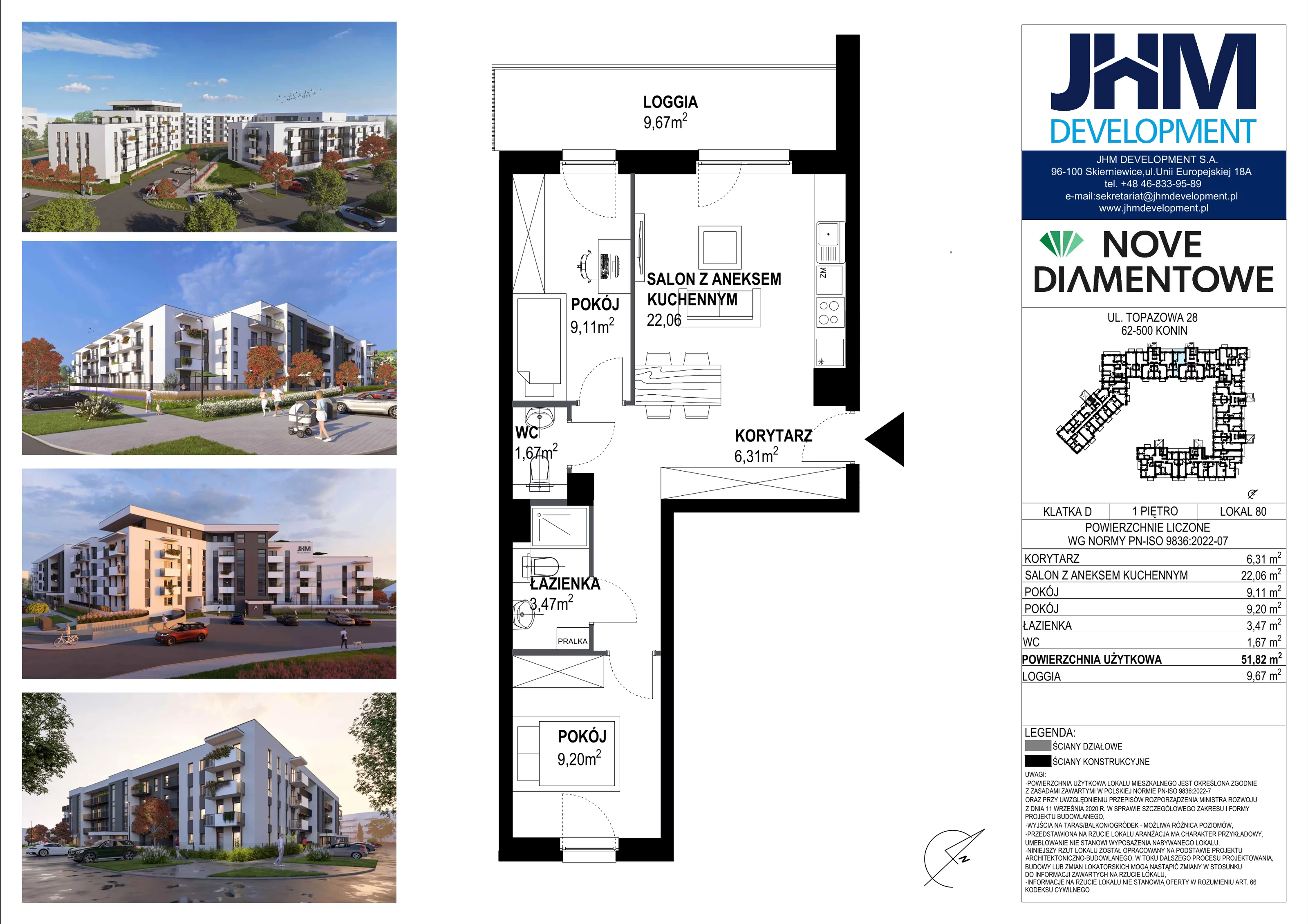3 pokoje, mieszkanie 51,82 m², piętro 1, oferta nr 80, Nove Diamentowe, Konin, Starówka, ul. Topazowa 28