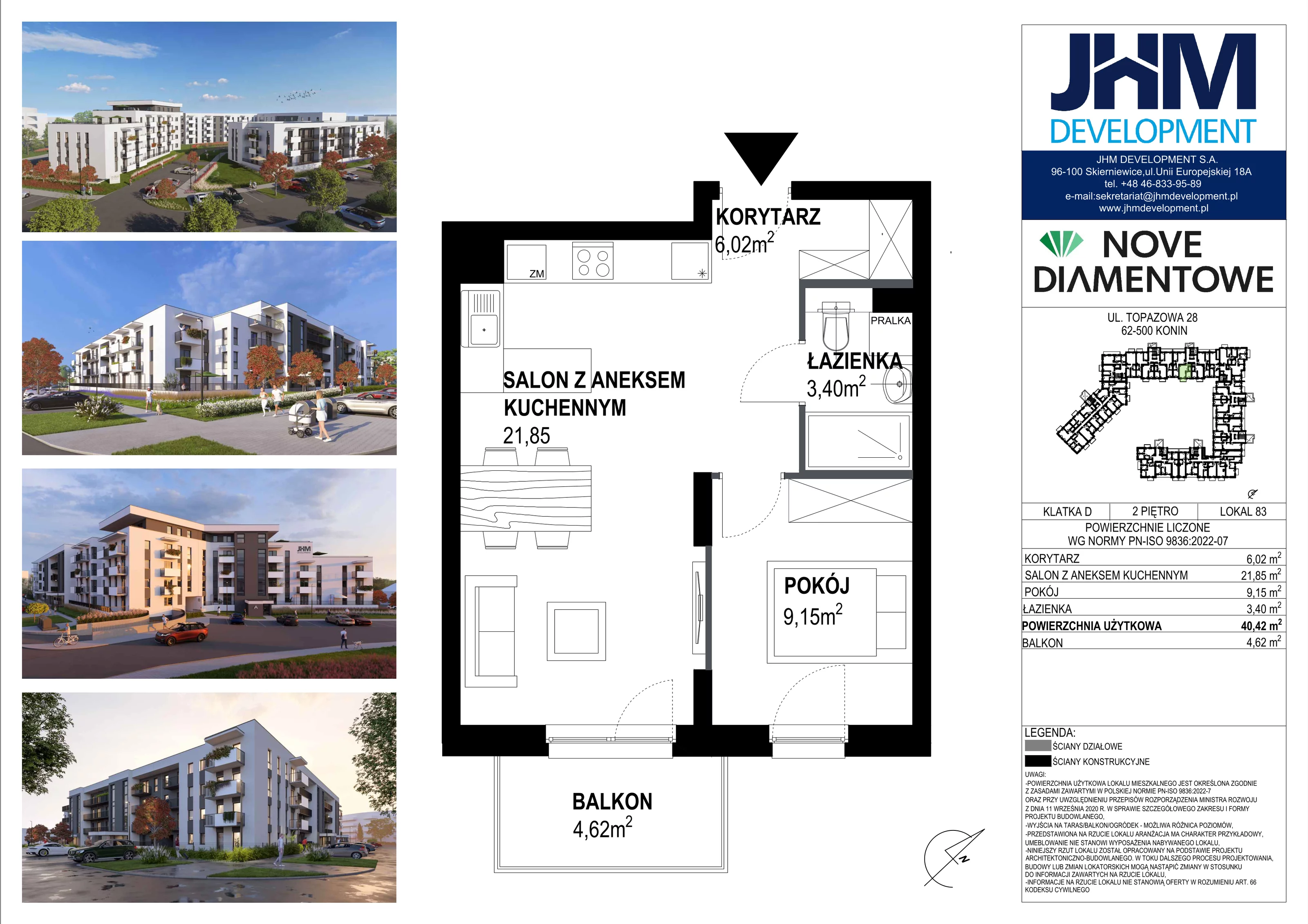 2 pokoje, mieszkanie 40,42 m², piętro 2, oferta nr 83, Nove Diamentowe, Konin, Starówka, ul. Topazowa 28