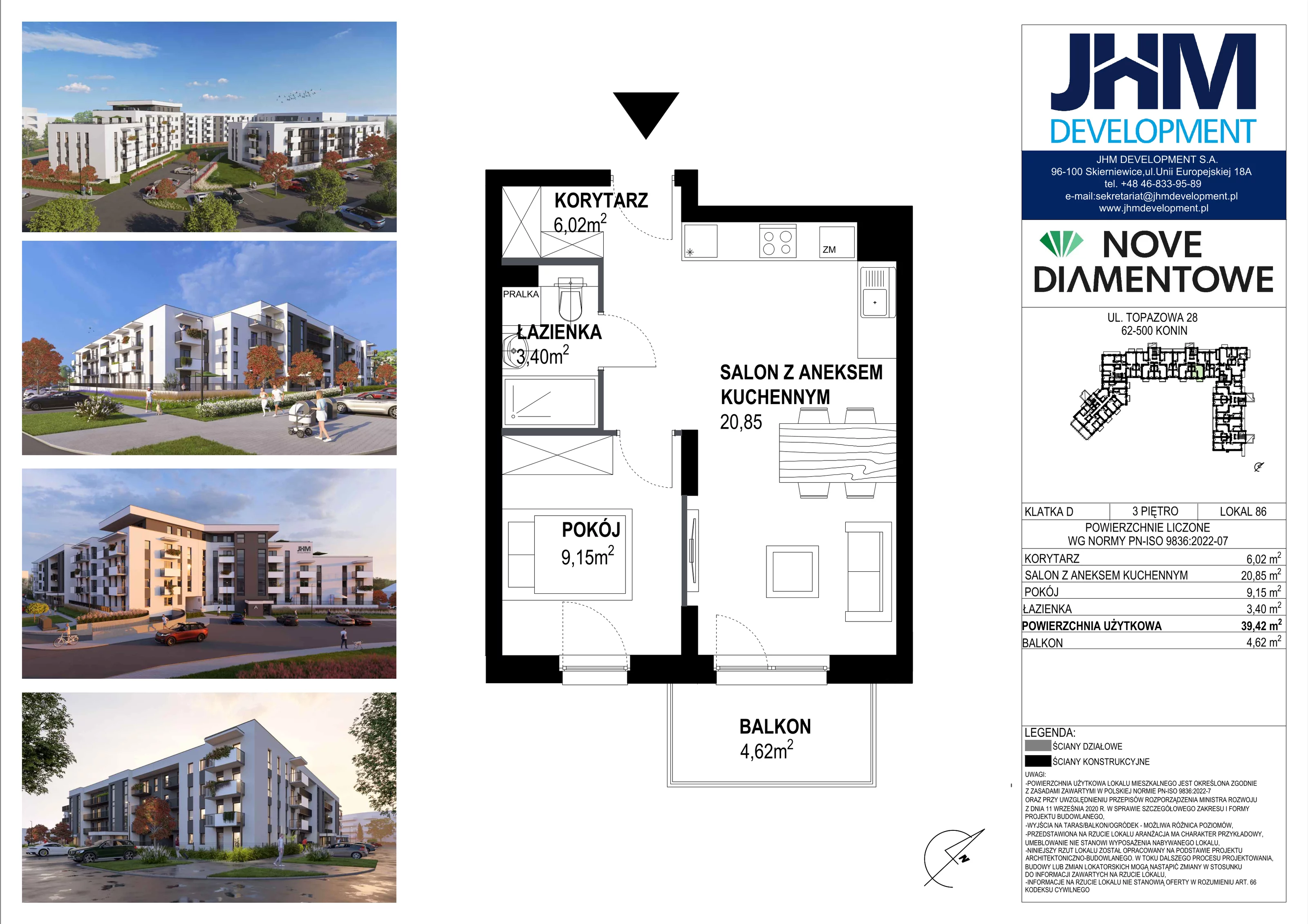 2 pokoje, mieszkanie 39,42 m², piętro 3, oferta nr 86, Nove Diamentowe, Konin, Starówka, ul. Topazowa 28