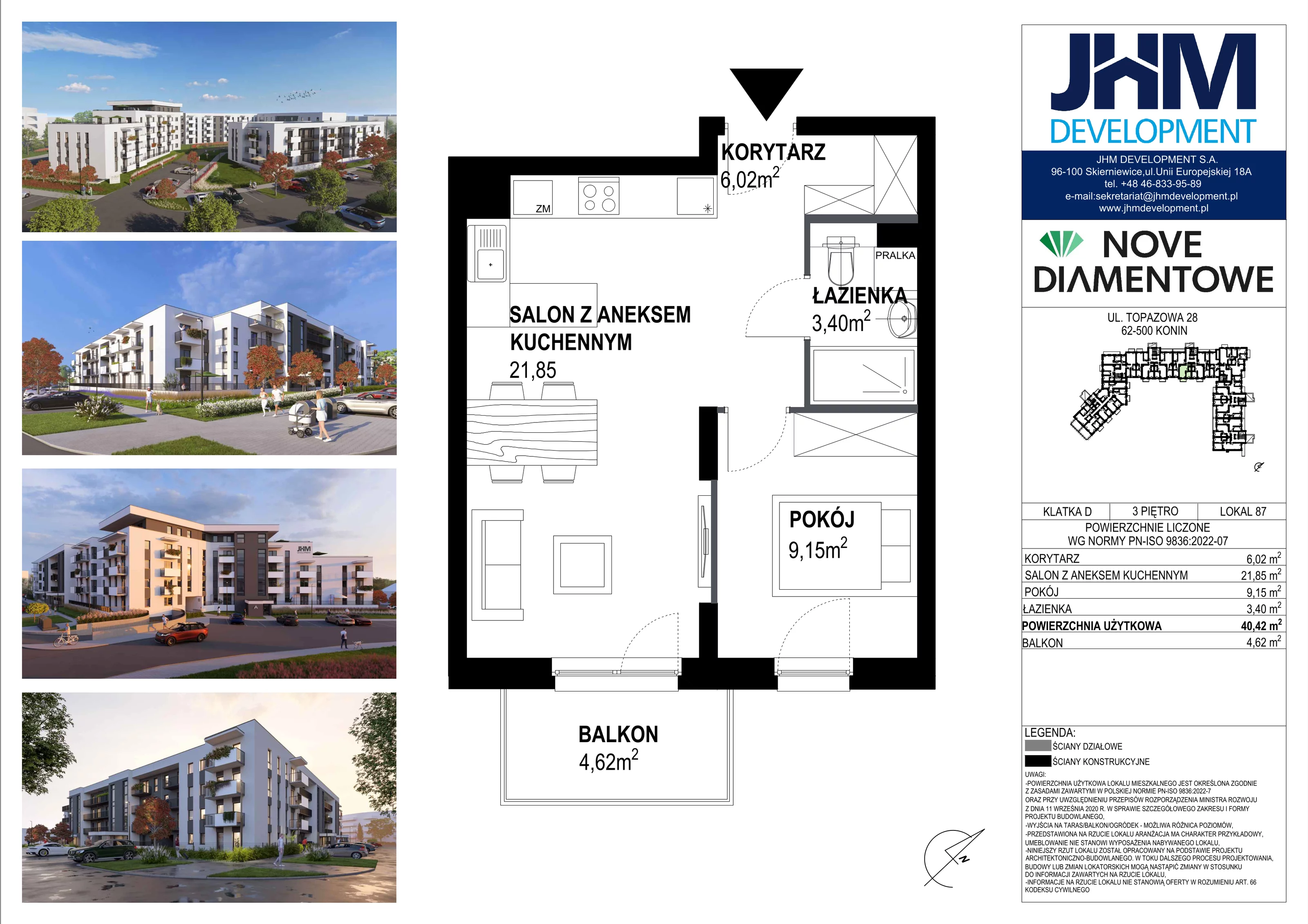 2 pokoje, mieszkanie 40,42 m², piętro 3, oferta nr 87, Nove Diamentowe, Konin, Starówka, ul. Topazowa 28