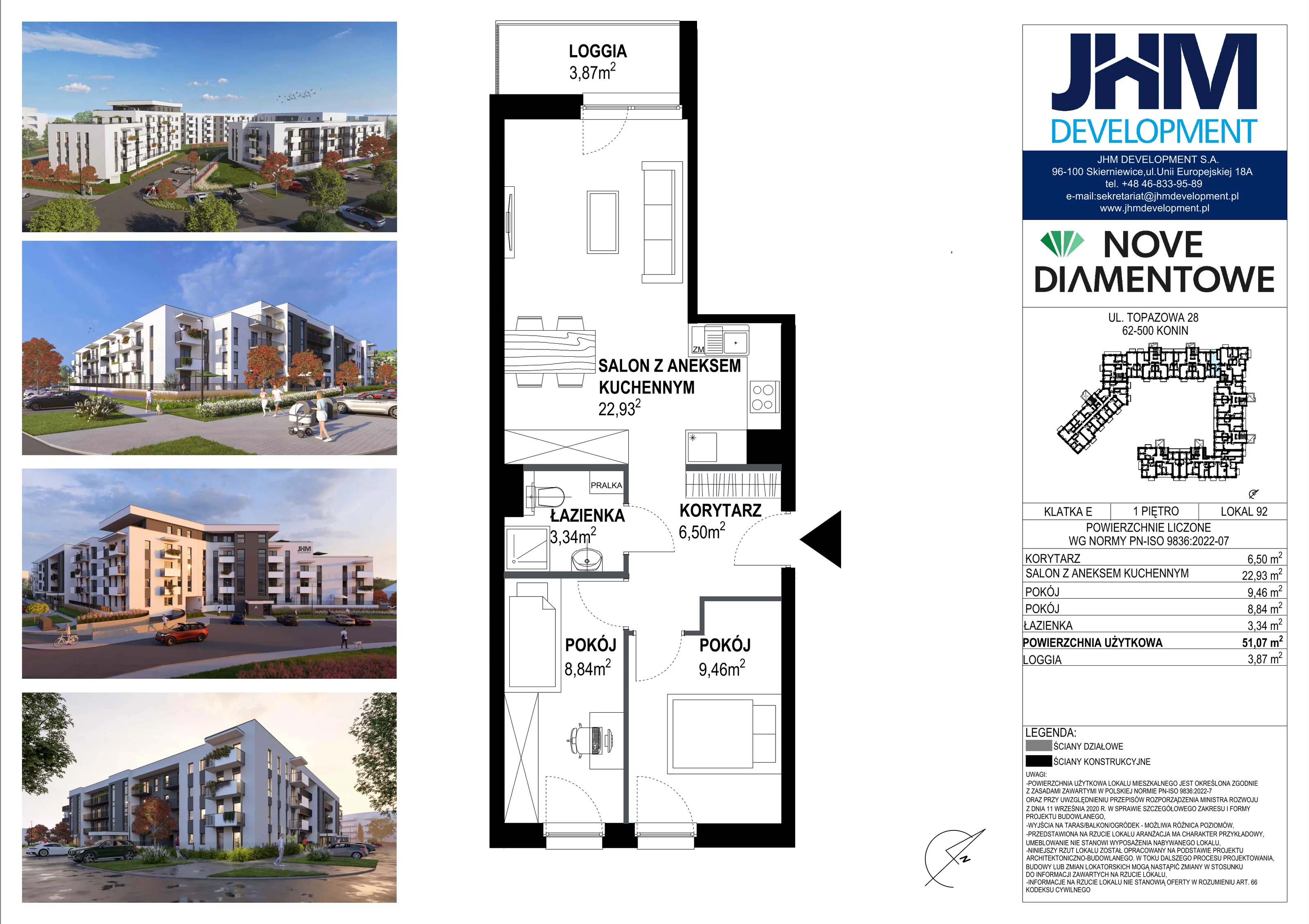3 pokoje, mieszkanie 51,07 m², piętro 1, oferta nr 92, Nove Diamentowe, Konin, Starówka, ul. Topazowa 28