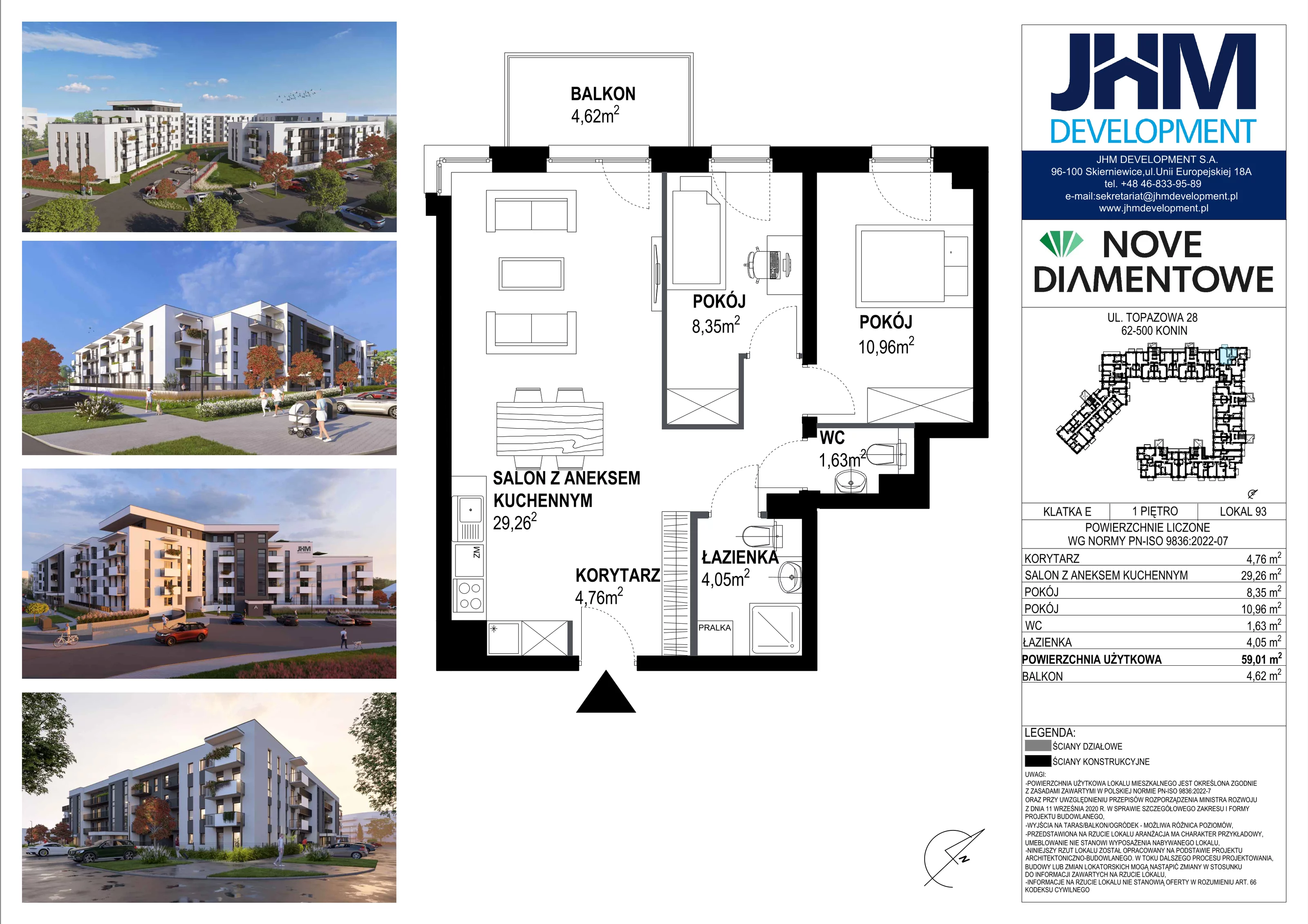 3 pokoje, mieszkanie 59,01 m², piętro 1, oferta nr 93, Nove Diamentowe, Konin, Starówka, ul. Topazowa 28