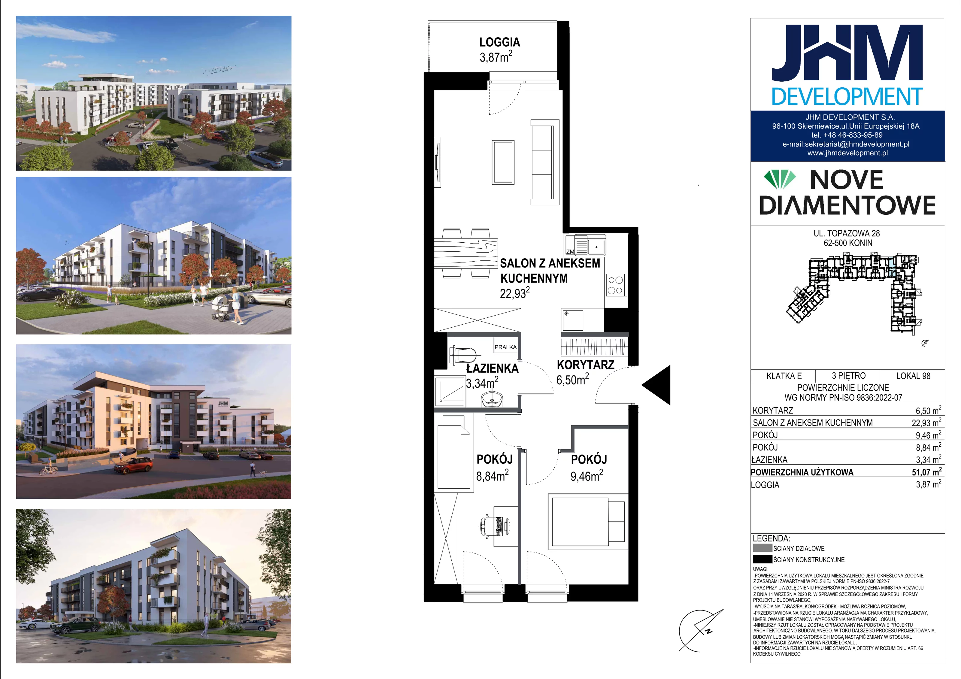 3 pokoje, mieszkanie 51,07 m², piętro 3, oferta nr 98, Nove Diamentowe, Konin, Starówka, ul. Topazowa 28