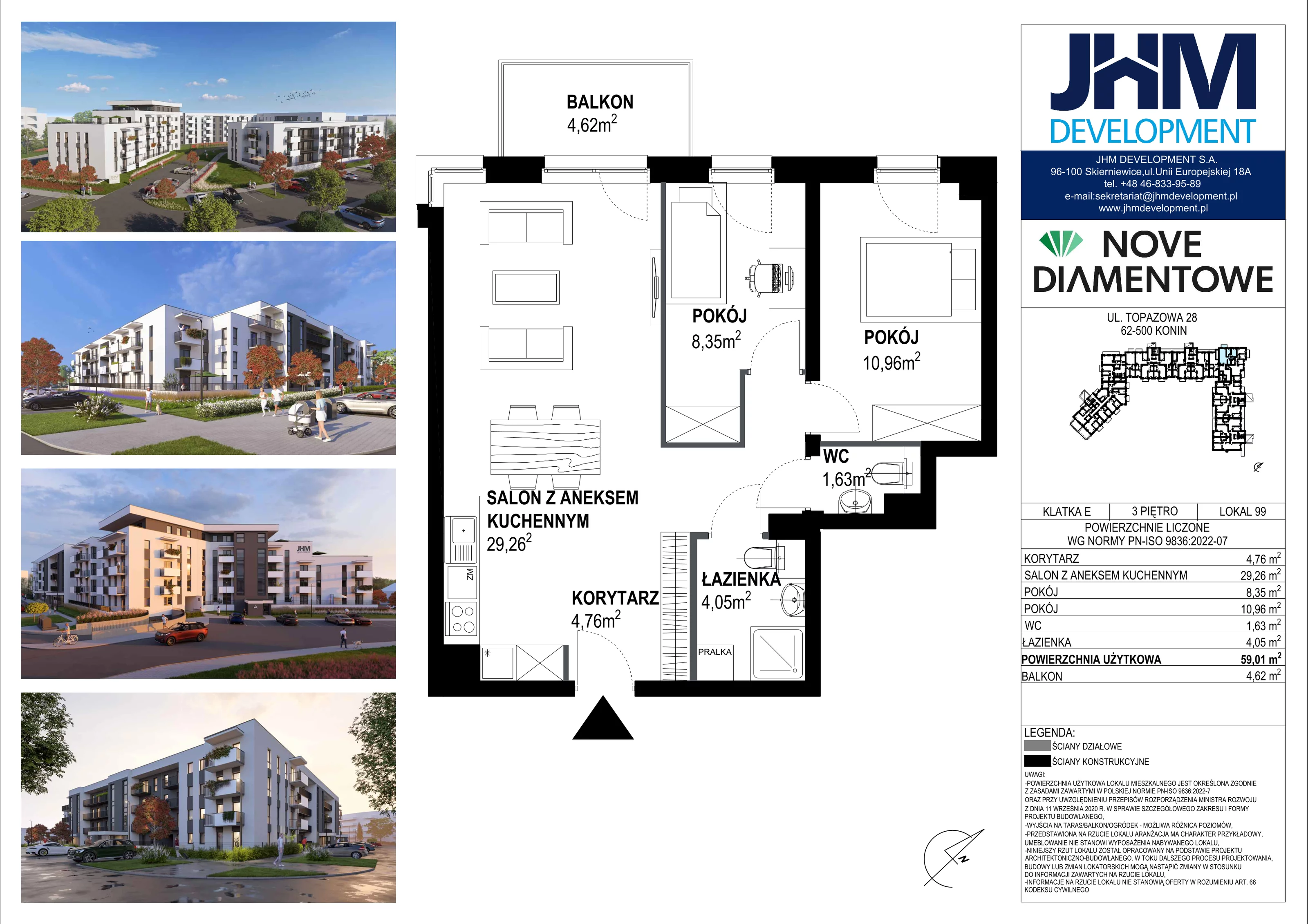 3 pokoje, mieszkanie 59,01 m², piętro 3, oferta nr 99, Nove Diamentowe, Konin, Starówka, ul. Topazowa 28