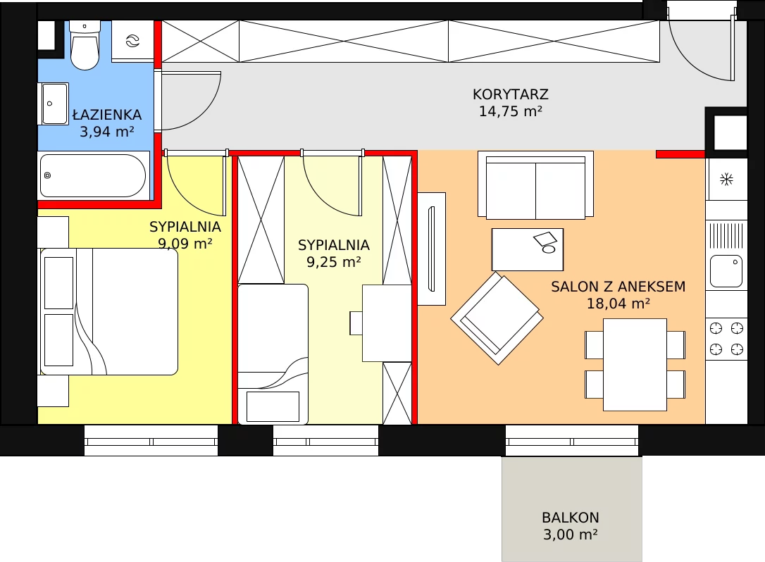 Mieszkanie 57,03 m², piętro 1, oferta nr D74, Nowe Wyżyny, Bydgoszcz, Wyżyny, ul. Bohaterów Kragujewca 8A