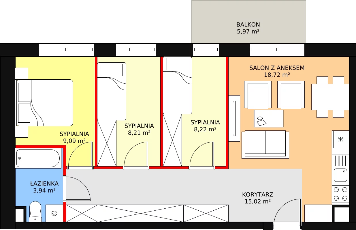 Mieszkanie 65,70 m², piętro 3, oferta nr B38, Nowe Wyżyny, Bydgoszcz, Wyżyny, ul. Bohaterów Kragujewca 8A