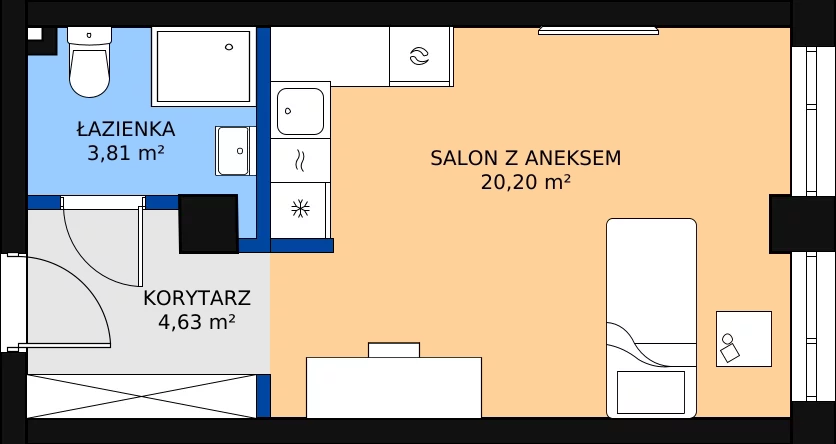 1 pokój, mieszkanie 29,40 m², piętro 2, oferta nr A.2.23U, Aura Towers w Bydgoszczy - mieszkania z widokiem na Brdę!, Bydgoszcz, Bartodzieje, ul. Fordońska 4