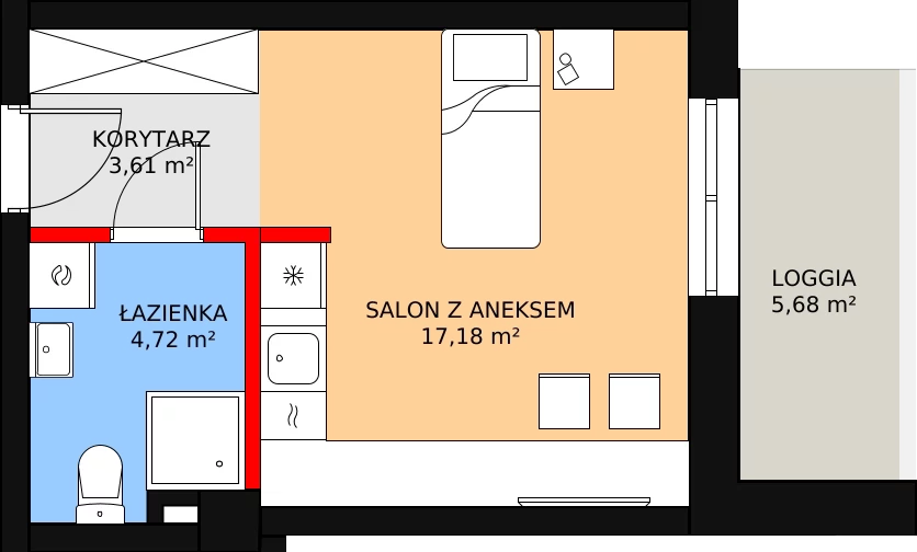 1 pokój, mieszkanie 26,21 m², piętro 1, oferta nr A.1.2U, Aura Towers w Bydgoszczy - mieszkania z widokiem na Brdę!, Bydgoszcz, Bartodzieje, ul. Fordońska 4