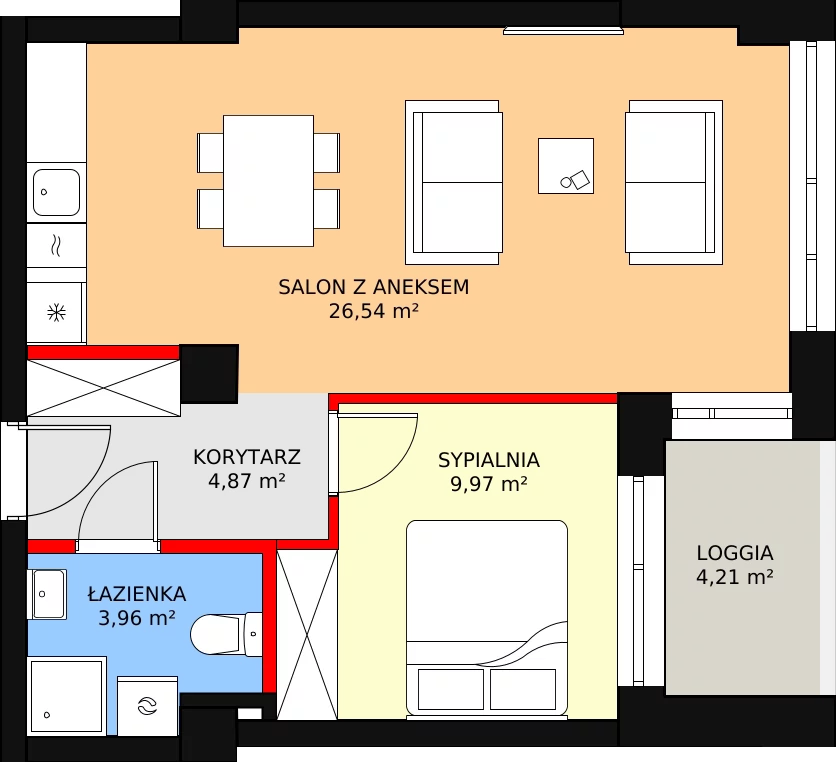 2 pokoje, mieszkanie 46,92 m², piętro 1, oferta nr A.1.4U, Aura Towers w Bydgoszczy - mieszkania z widokiem na Brdę!, Bydgoszcz, Bartodzieje, ul. Fordońska 4