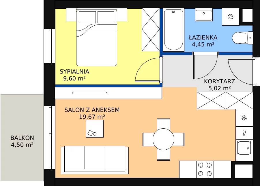 Nowe mieszkanie, 38,74 m², 2 pokoje, 4 piętro, oferta nr 45