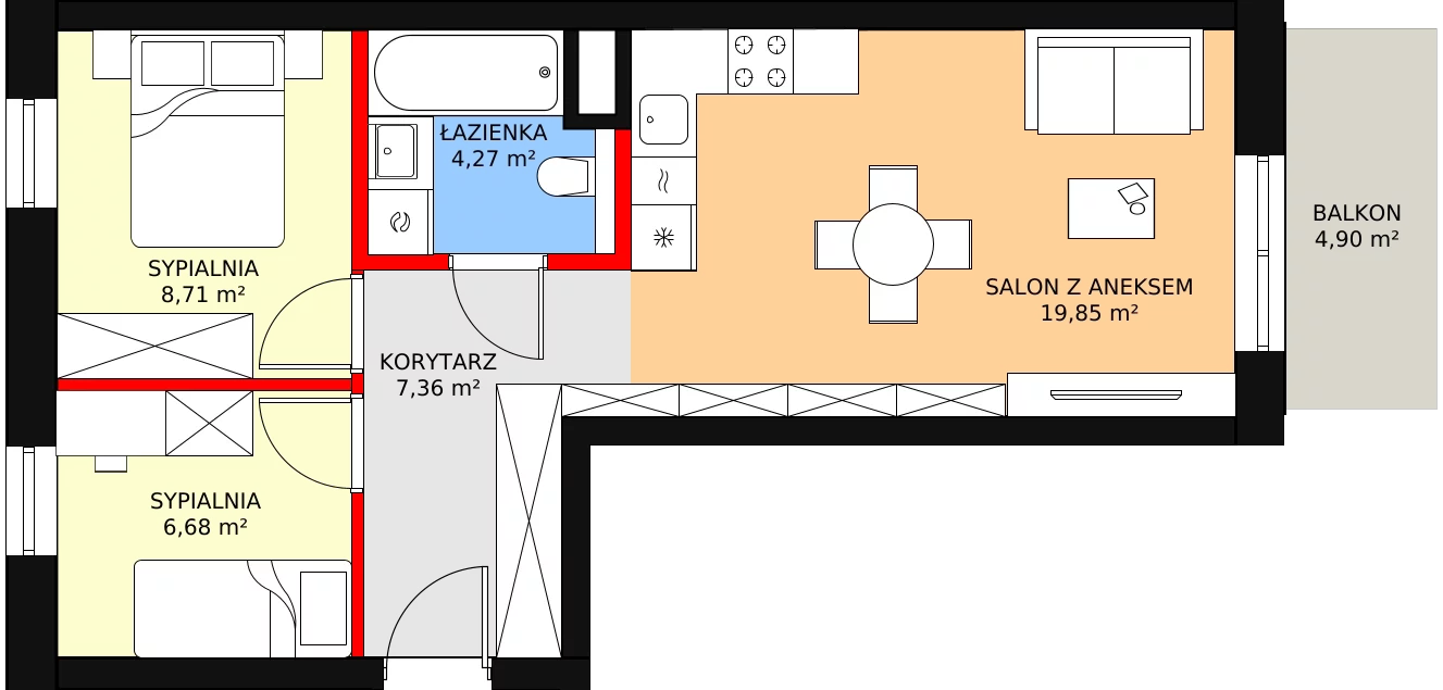 Zalety mieszkania 48.43 m², E.1.27