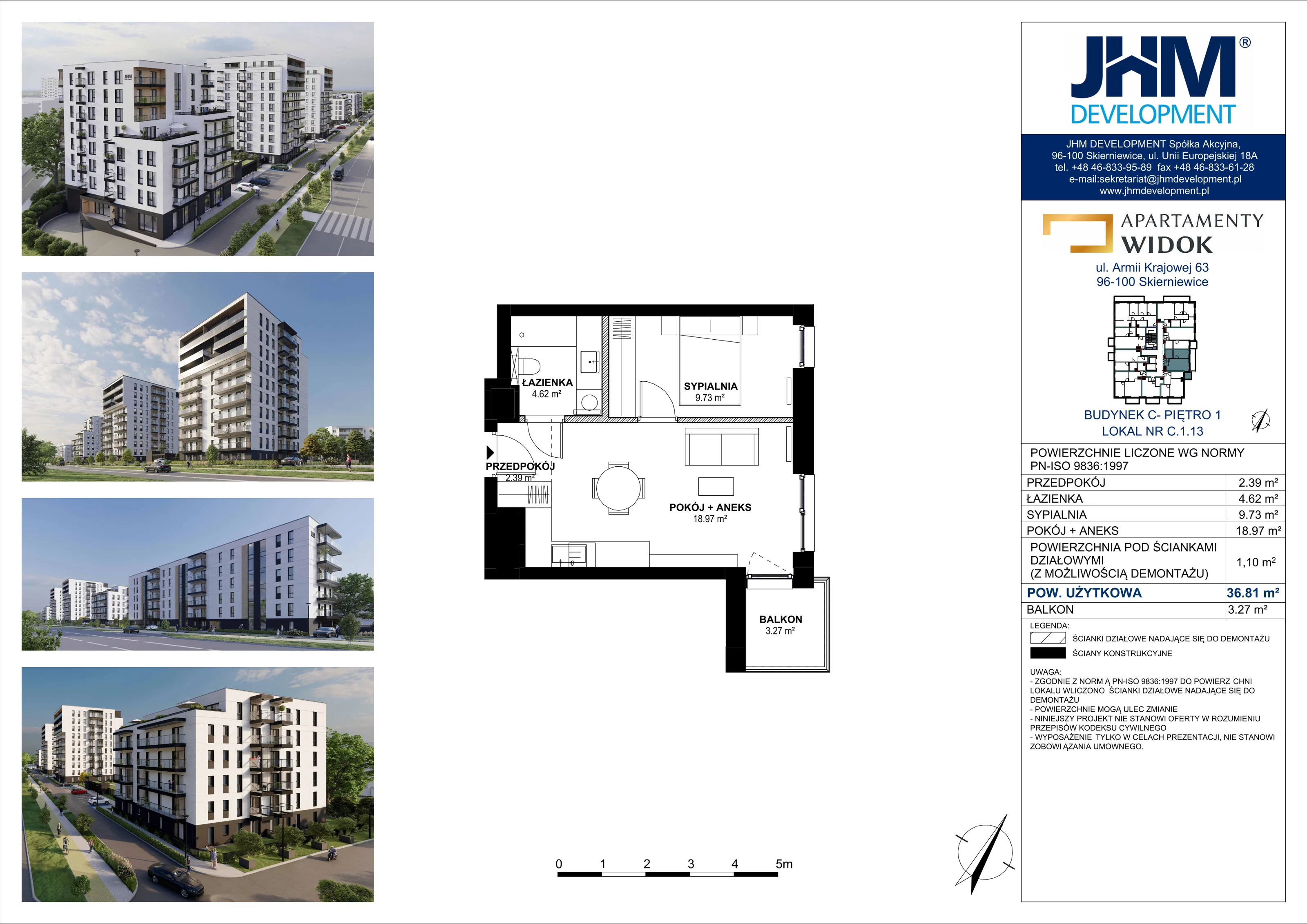 2 pokoje, mieszkanie 36,81 m², piętro 1, oferta nr C.1.13, Apartamenty Widok etap II, Skierniewice, Widok, ul. Armii Krajowej 63