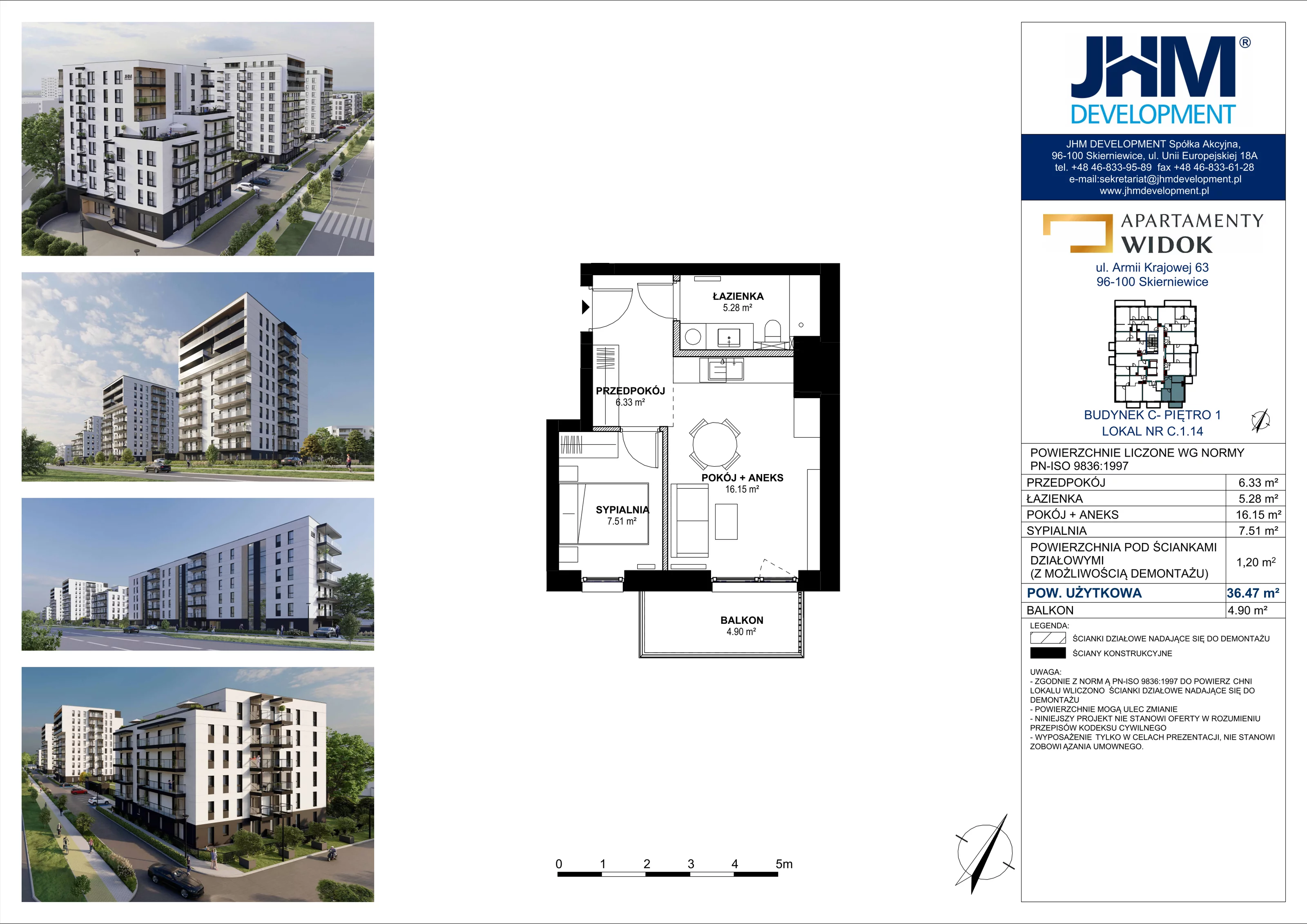 2 pokoje, mieszkanie 36,47 m², piętro 1, oferta nr C.1.14, Apartamenty Widok etap II, Skierniewice, Widok, ul. Armii Krajowej 63