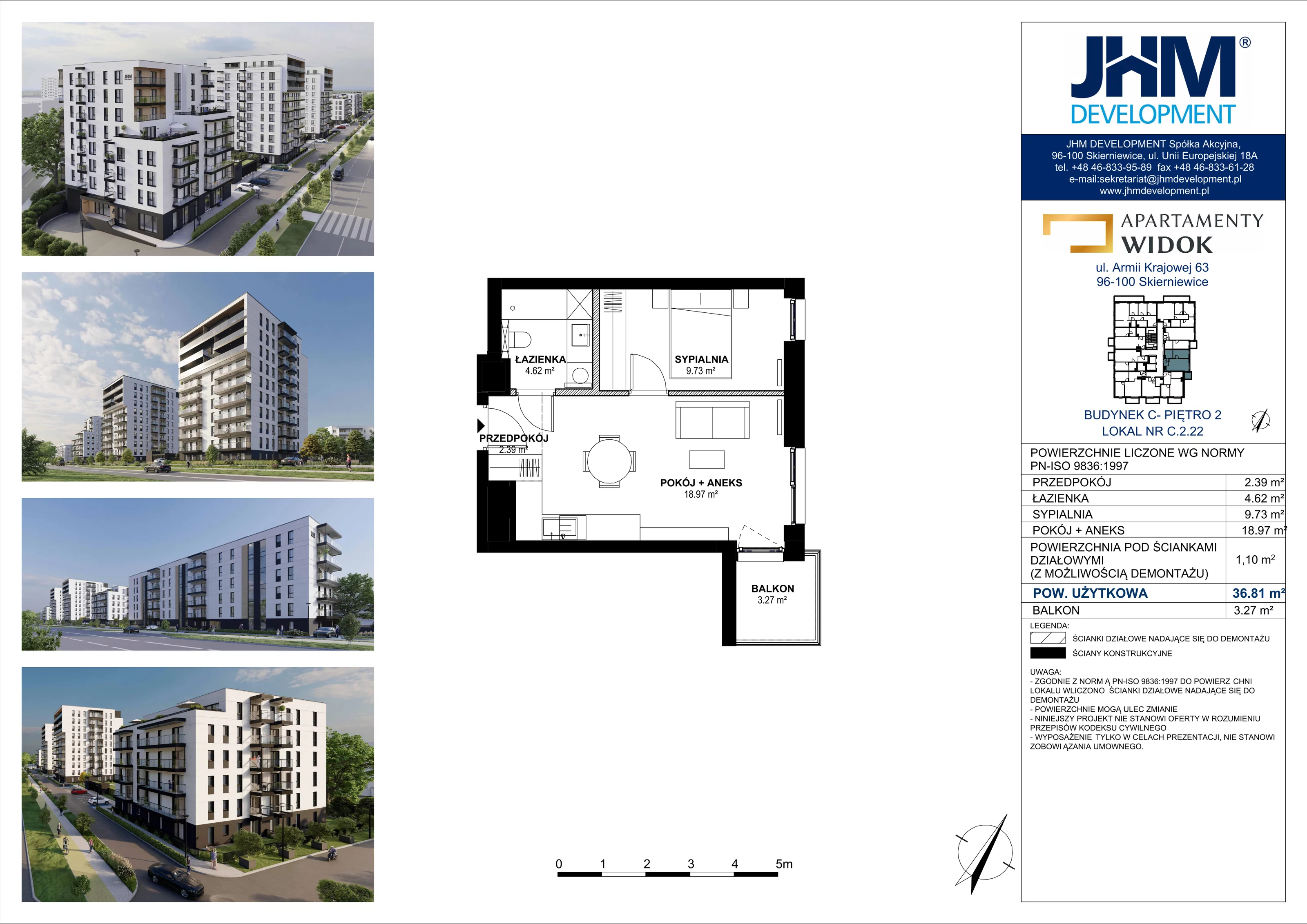 2 pokoje, mieszkanie 36,81 m², piętro 2, oferta nr C.2.22, Apartamenty Widok etap II, Skierniewice, Widok, ul. Armii Krajowej 63