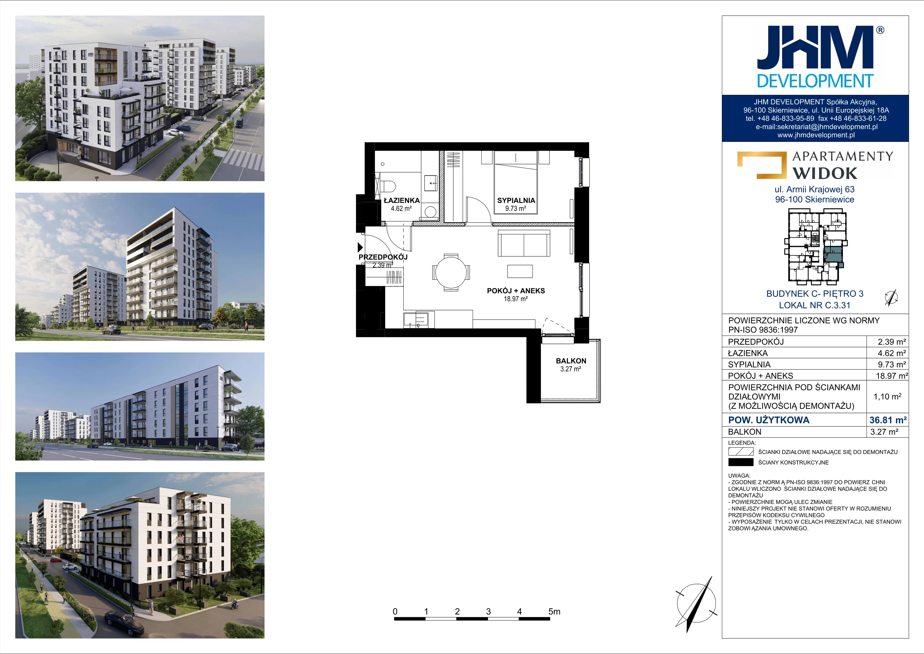 2 pokoje, mieszkanie 36,81 m², piętro 3, oferta nr C.3.31, Apartamenty Widok etap II, Skierniewice, Widok, ul. Armii Krajowej 63