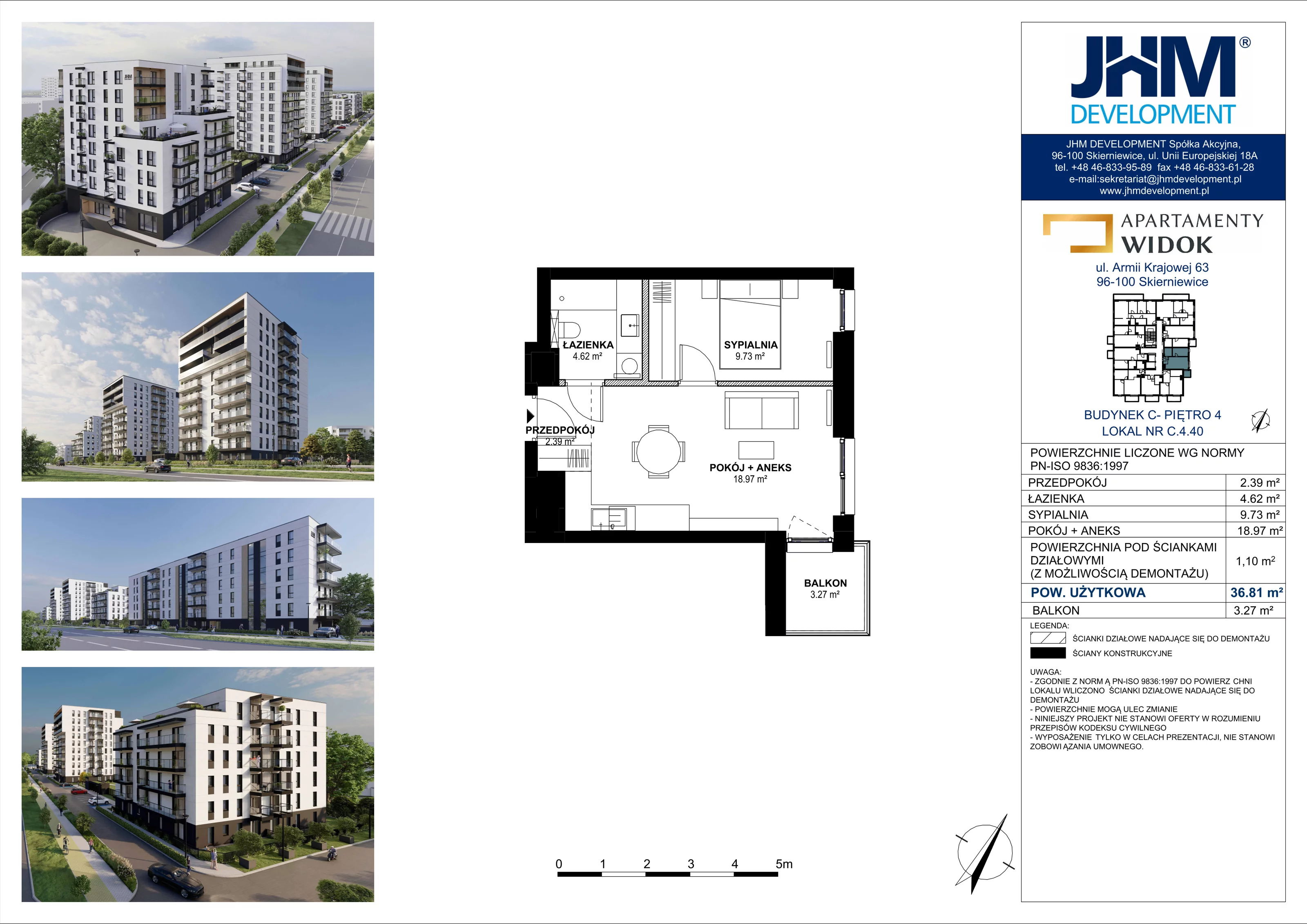 2 pokoje, mieszkanie 36,81 m², piętro 4, oferta nr C.4.40, Apartamenty Widok etap II, Skierniewice, Widok, ul. Armii Krajowej 63