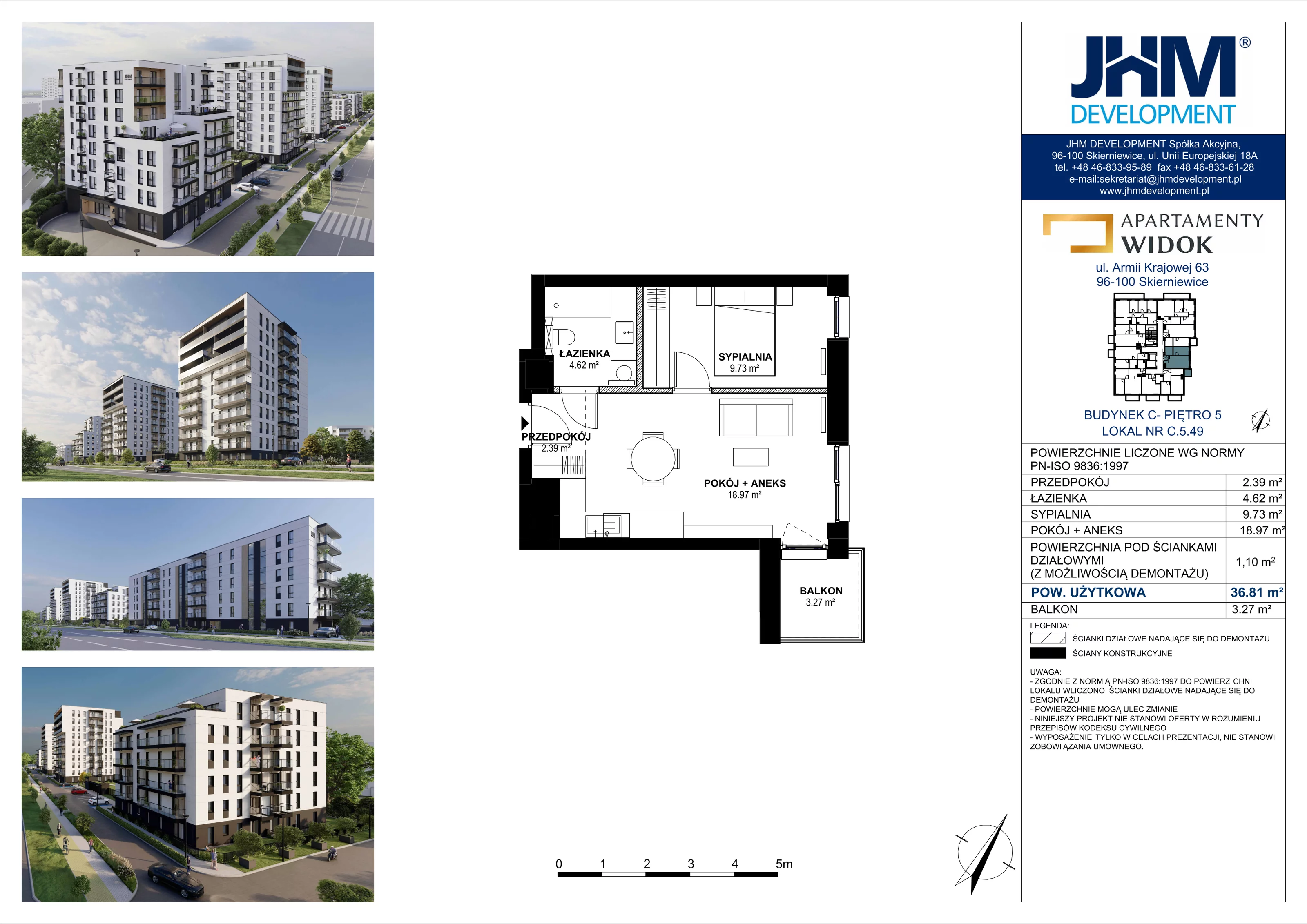 2 pokoje, mieszkanie 36,81 m², piętro 5, oferta nr C.5.49, Apartamenty Widok etap II, Skierniewice, Widok, ul. Armii Krajowej 63