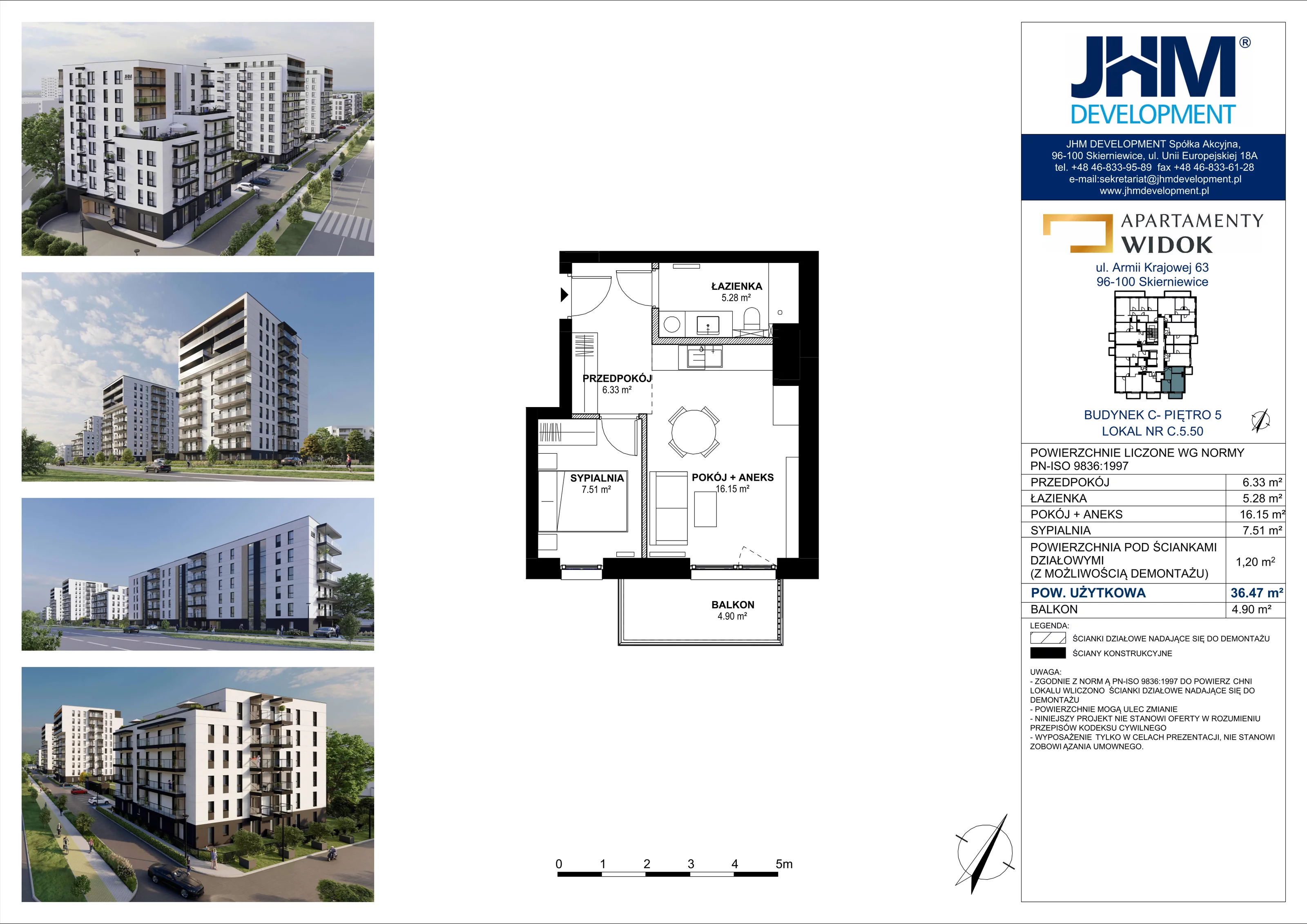 2 pokoje, mieszkanie 36,47 m², piętro 5, oferta nr C.5.50, Apartamenty Widok etap II, Skierniewice, Widok, ul. Armii Krajowej 63