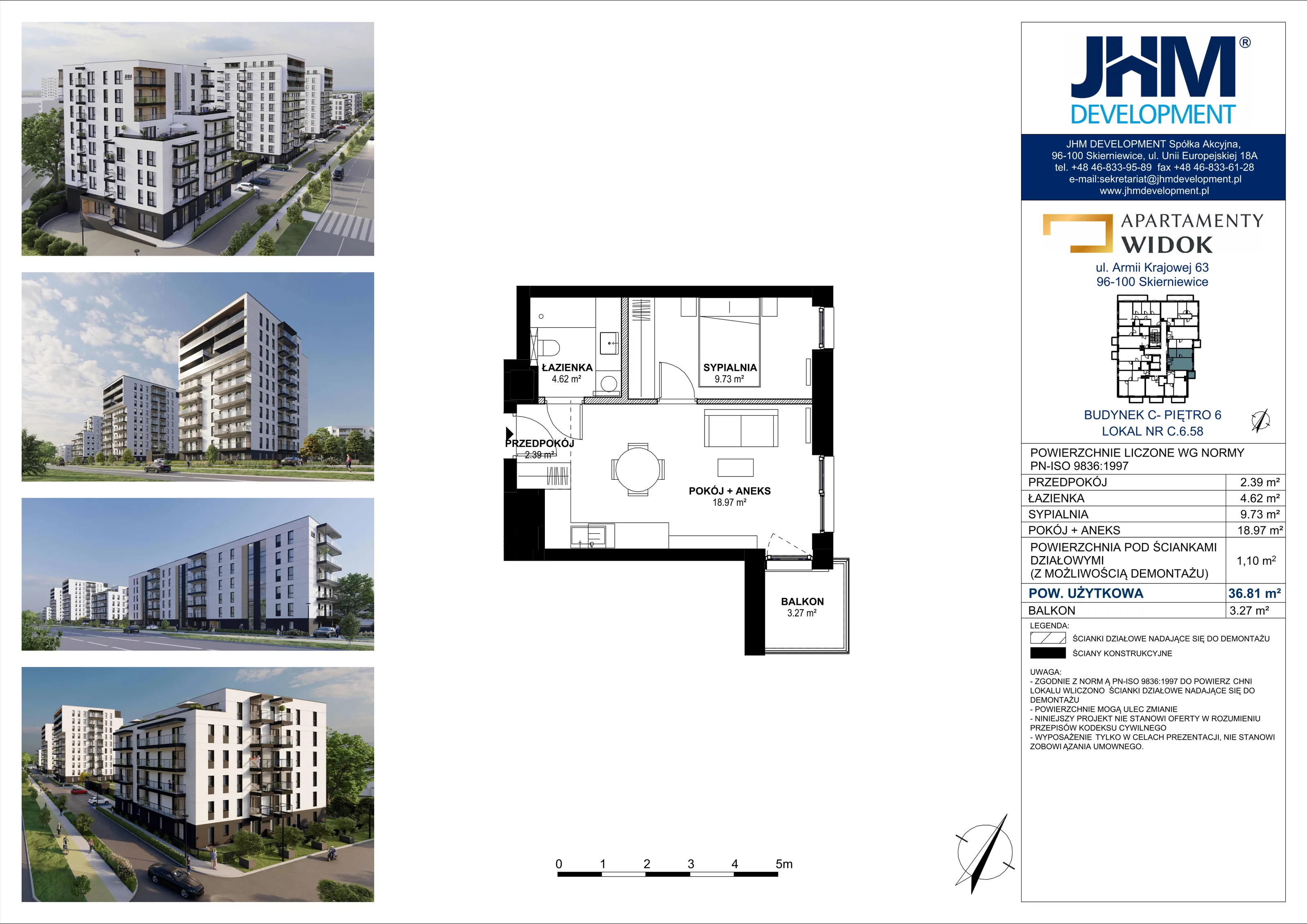 2 pokoje, mieszkanie 36,81 m², piętro 6, oferta nr C.6.58, Apartamenty Widok etap II, Skierniewice, Widok, ul. Armii Krajowej 63