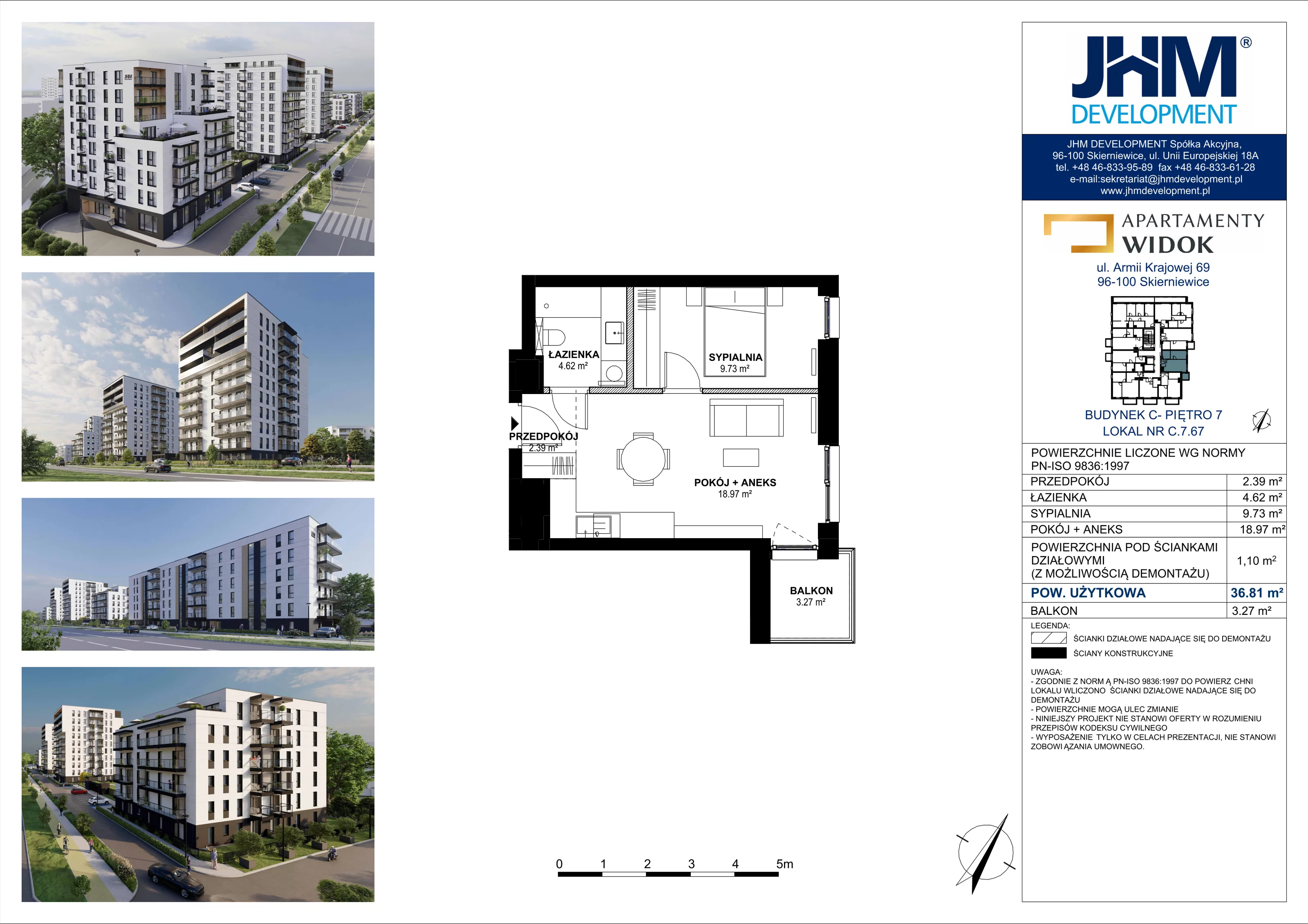 2 pokoje, mieszkanie 36,81 m², piętro 7, oferta nr C.7.67, Apartamenty Widok etap II, Skierniewice, Widok, ul. Armii Krajowej 63