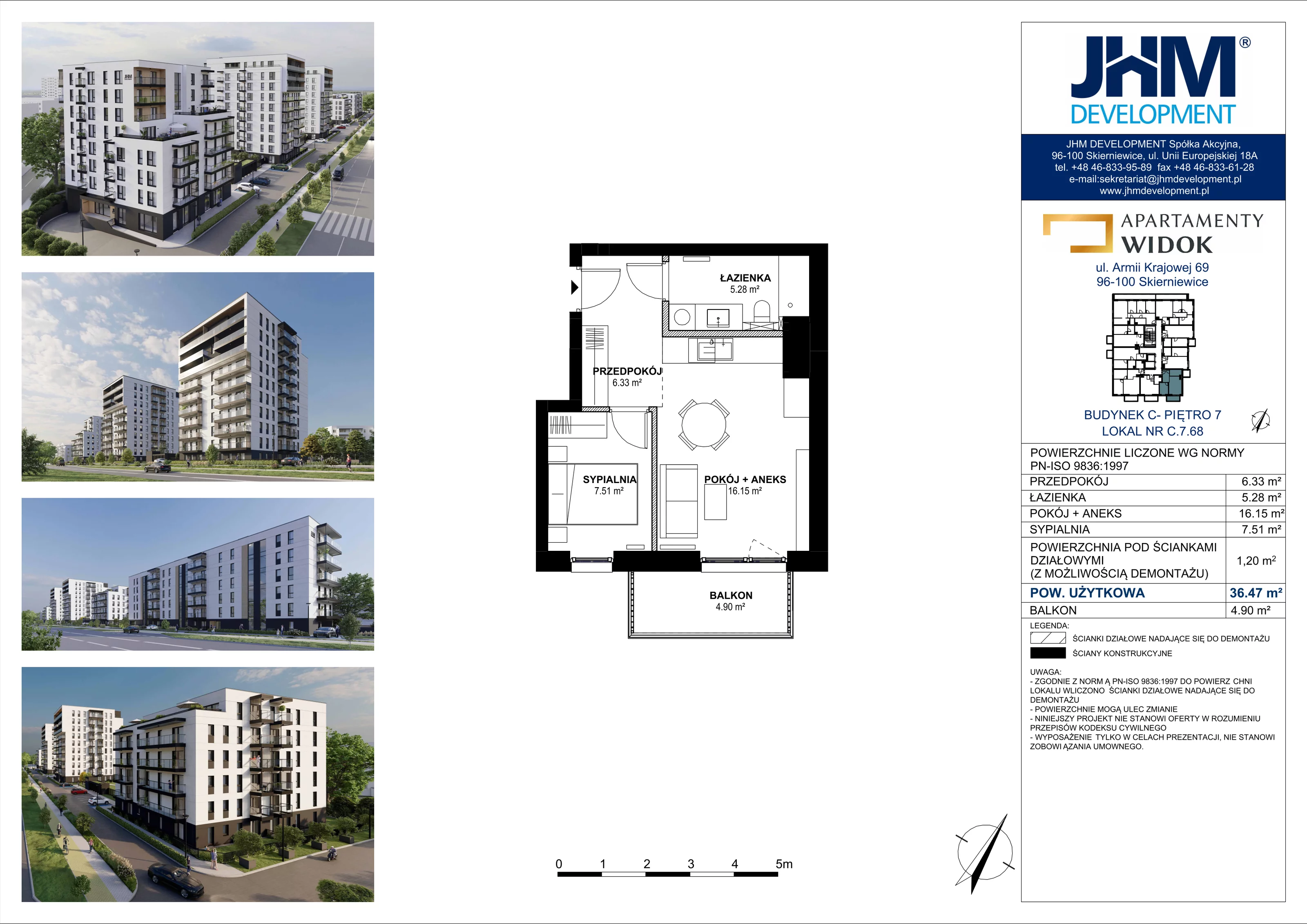 2 pokoje, mieszkanie 36,47 m², piętro 7, oferta nr C.7.68, Apartamenty Widok etap II, Skierniewice, Widok, ul. Armii Krajowej 63