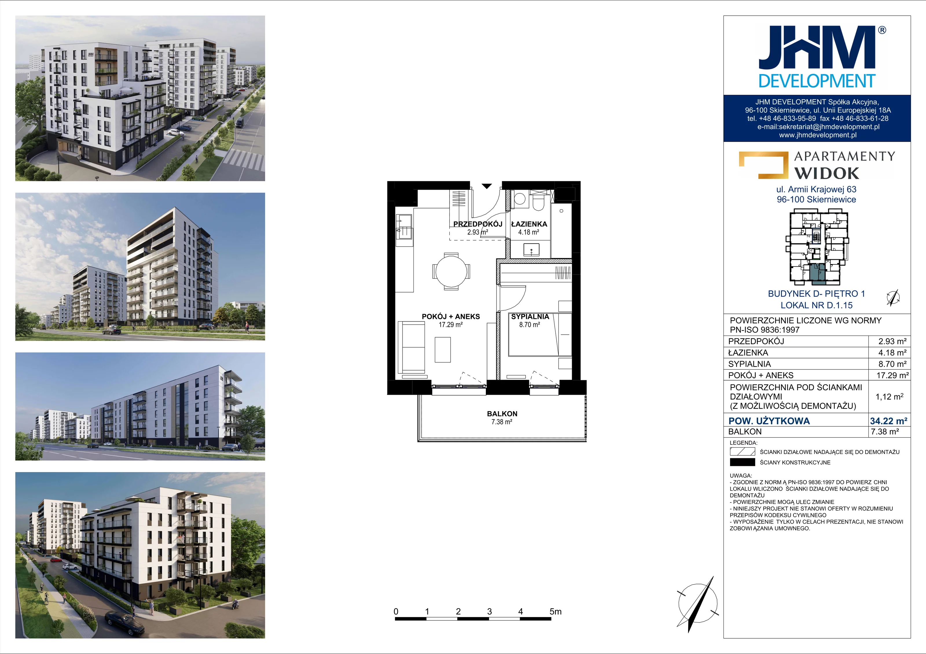 2 pokoje, mieszkanie 34,22 m², piętro 1, oferta nr D.1.15, Apartamenty Widok etap II, Skierniewice, Widok, ul. Armii Krajowej 63