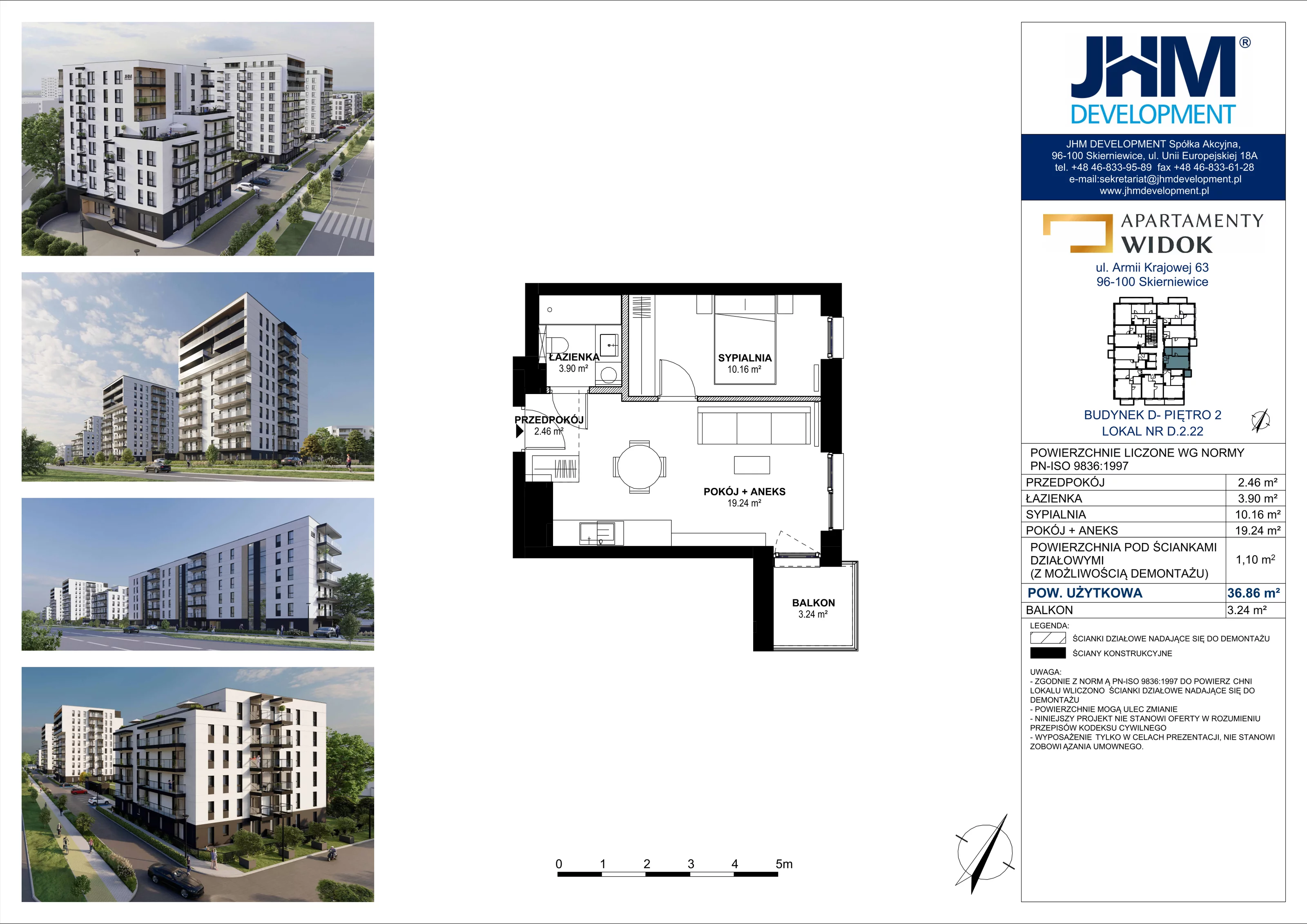 2 pokoje, mieszkanie 36,86 m², piętro 2, oferta nr D.2.22, Apartamenty Widok etap II, Skierniewice, Widok, ul. Armii Krajowej 63