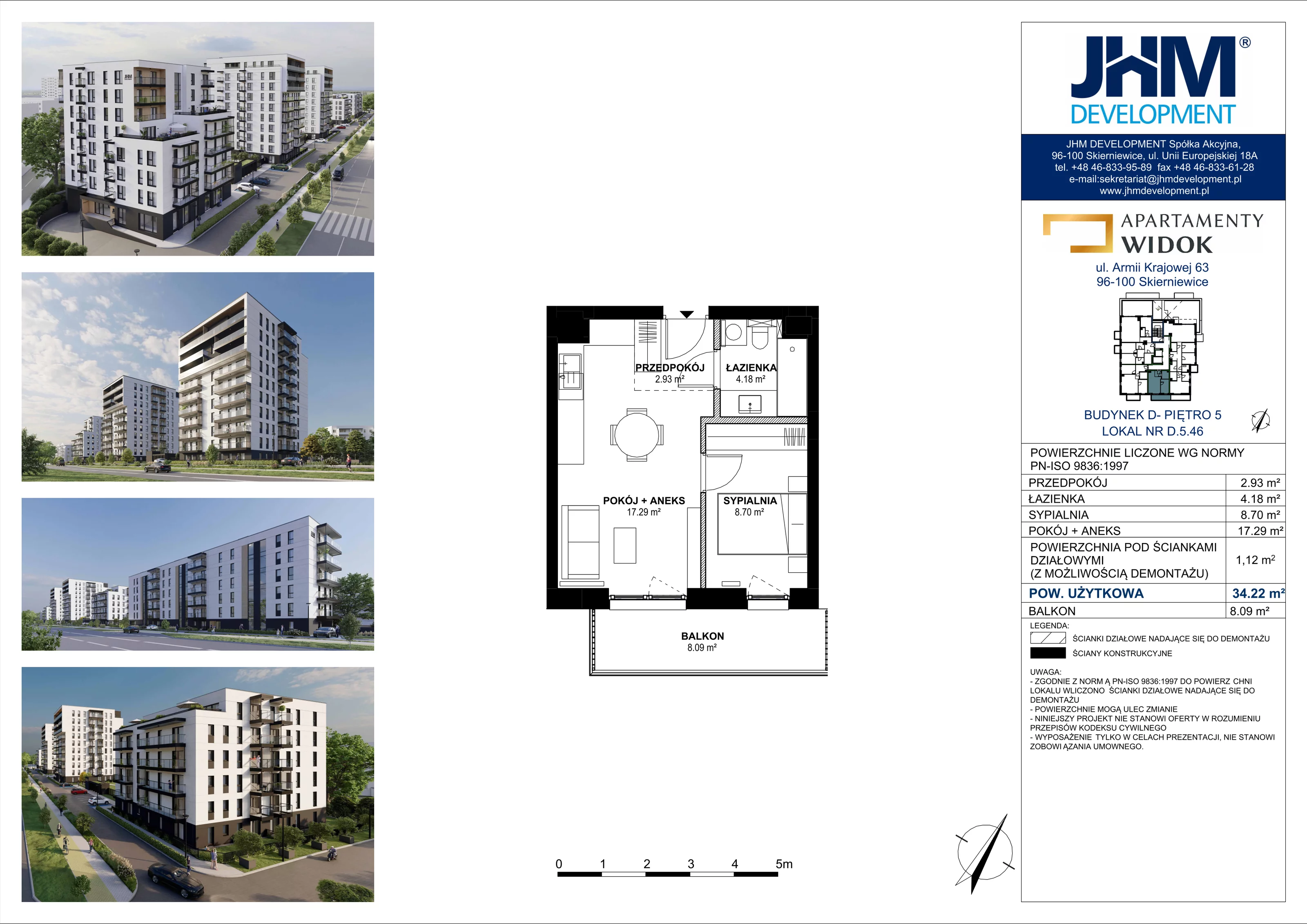 2 pokoje, mieszkanie 34,22 m², piętro 5, oferta nr D.5.46, Apartamenty Widok etap II, Skierniewice, Widok, ul. Armii Krajowej 63