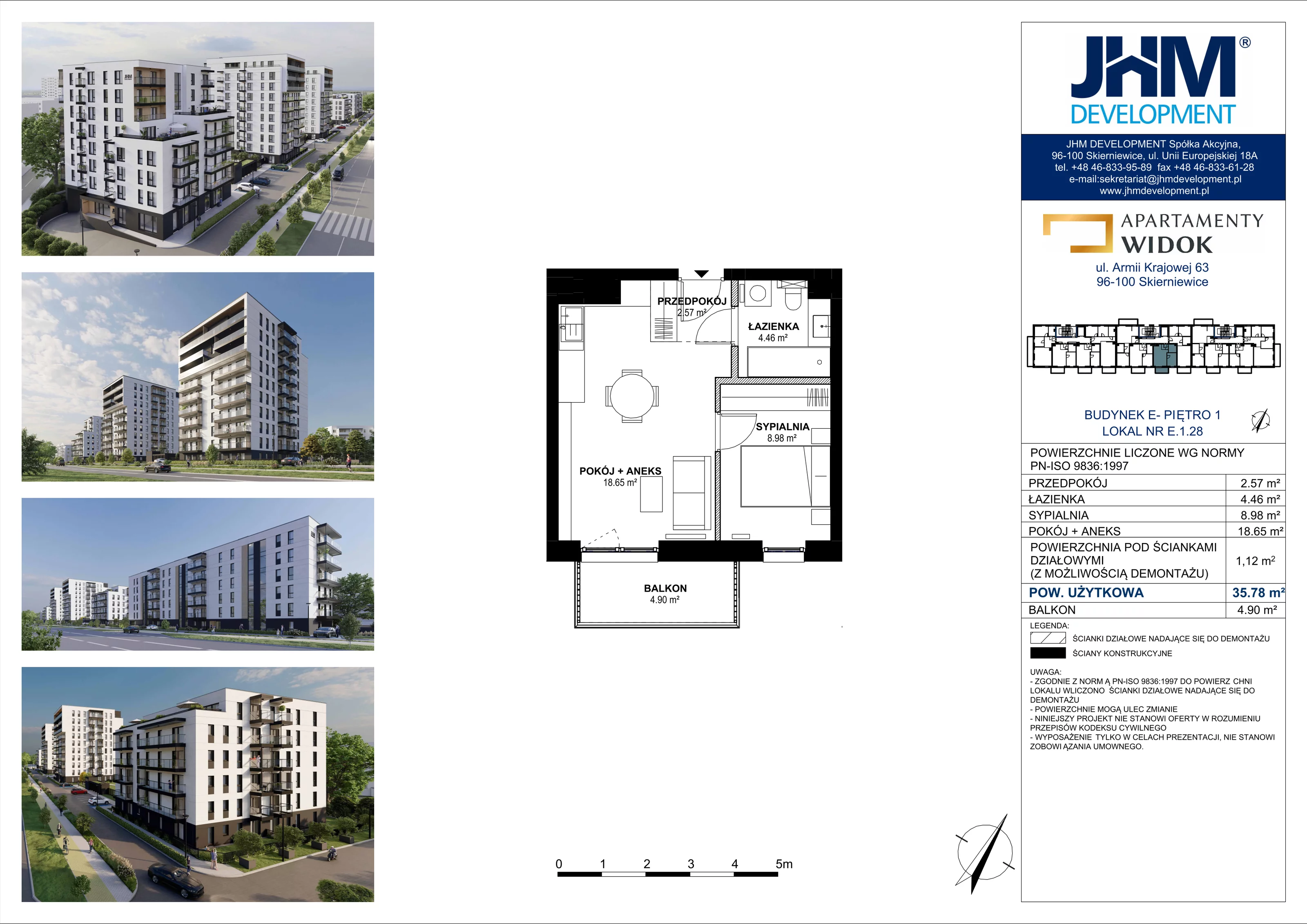 2 pokoje, mieszkanie 35,78 m², piętro 1, oferta nr E.1.28, Apartamenty Widok etap II, Skierniewice, Widok, ul. Armii Krajowej 63