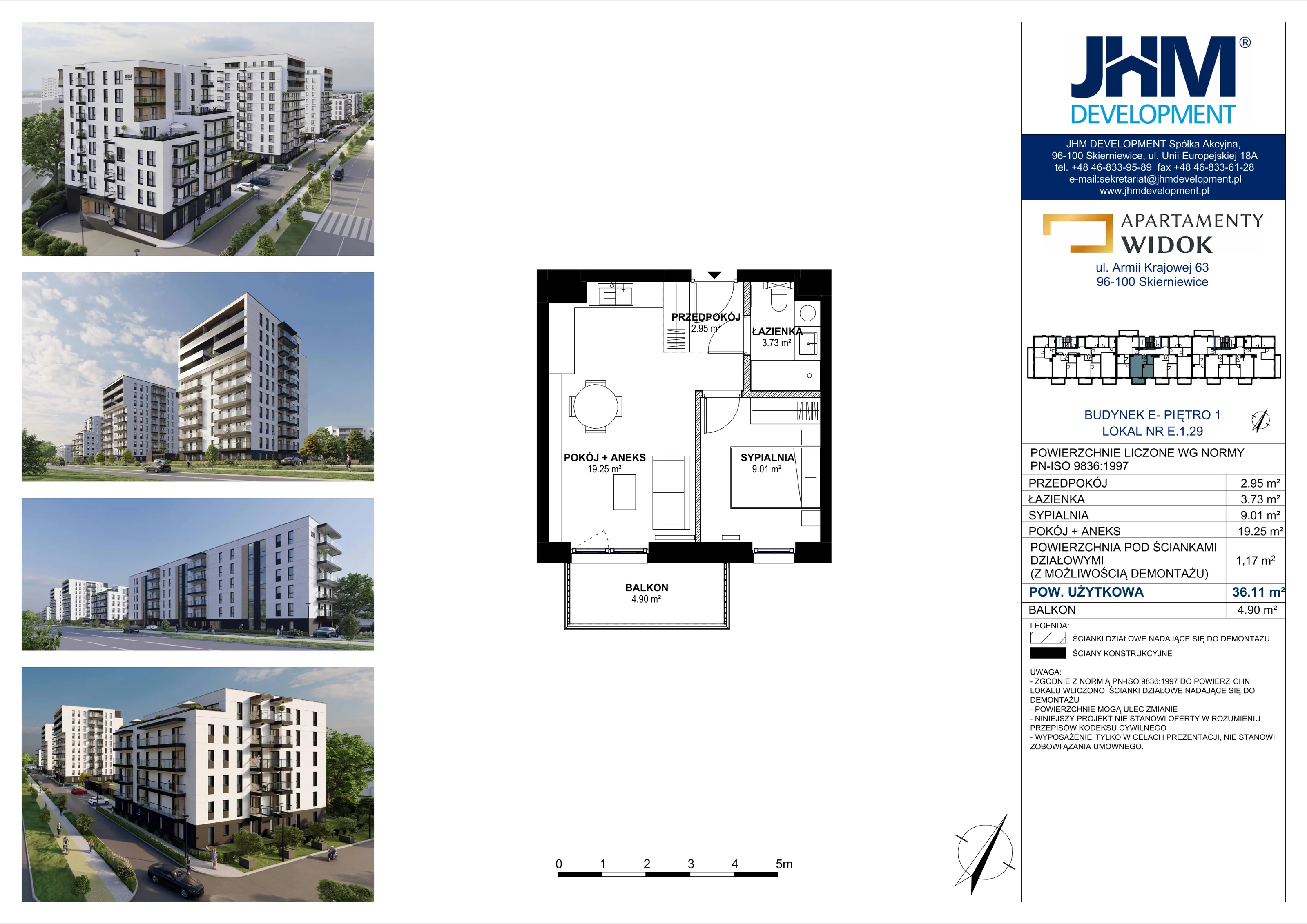 2 pokoje, mieszkanie 36,11 m², piętro 1, oferta nr E.1.29, Apartamenty Widok etap II, Skierniewice, Widok, ul. Armii Krajowej 63