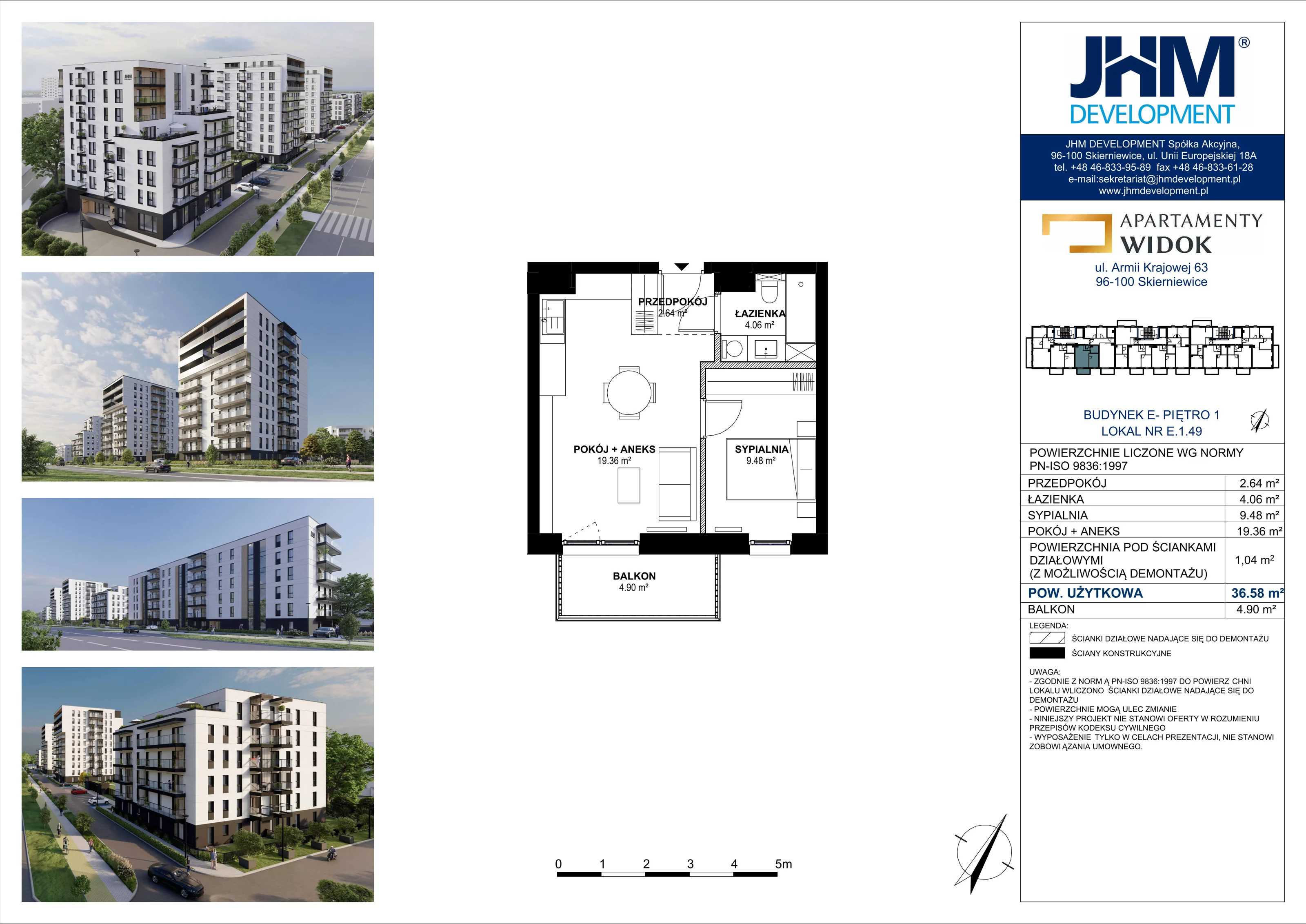 2 pokoje, mieszkanie 36,58 m², piętro 1, oferta nr E.1.49, Apartamenty Widok etap II, Skierniewice, Widok, ul. Armii Krajowej 63