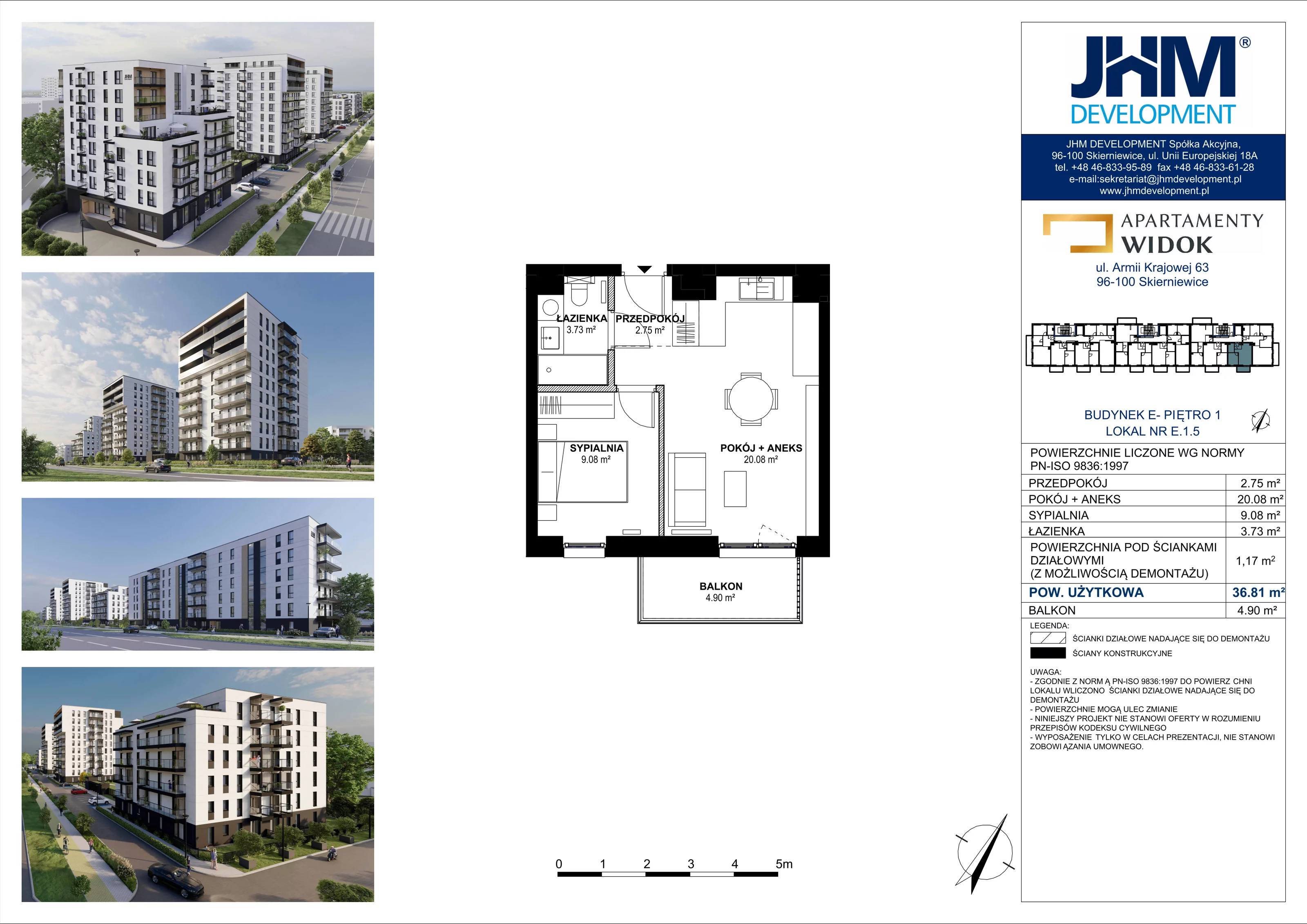 2 pokoje, mieszkanie 36,81 m², piętro 1, oferta nr E.1.5, Apartamenty Widok etap II, Skierniewice, Widok, ul. Armii Krajowej 63